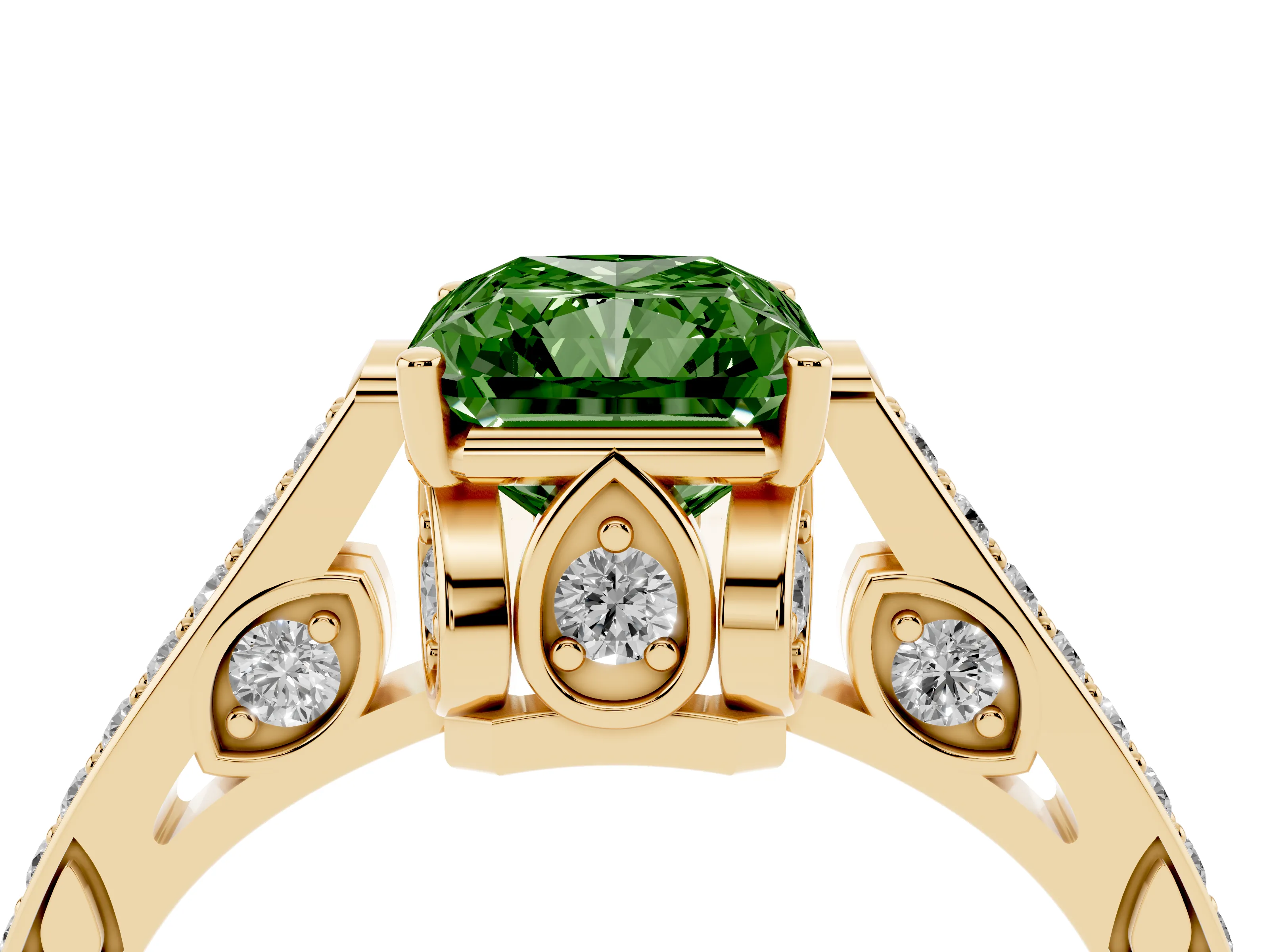 Fancy Green Radiant Cut Diamond Cathedral Pavé Engagement Ring Set in Yellow gold with Prong Setting