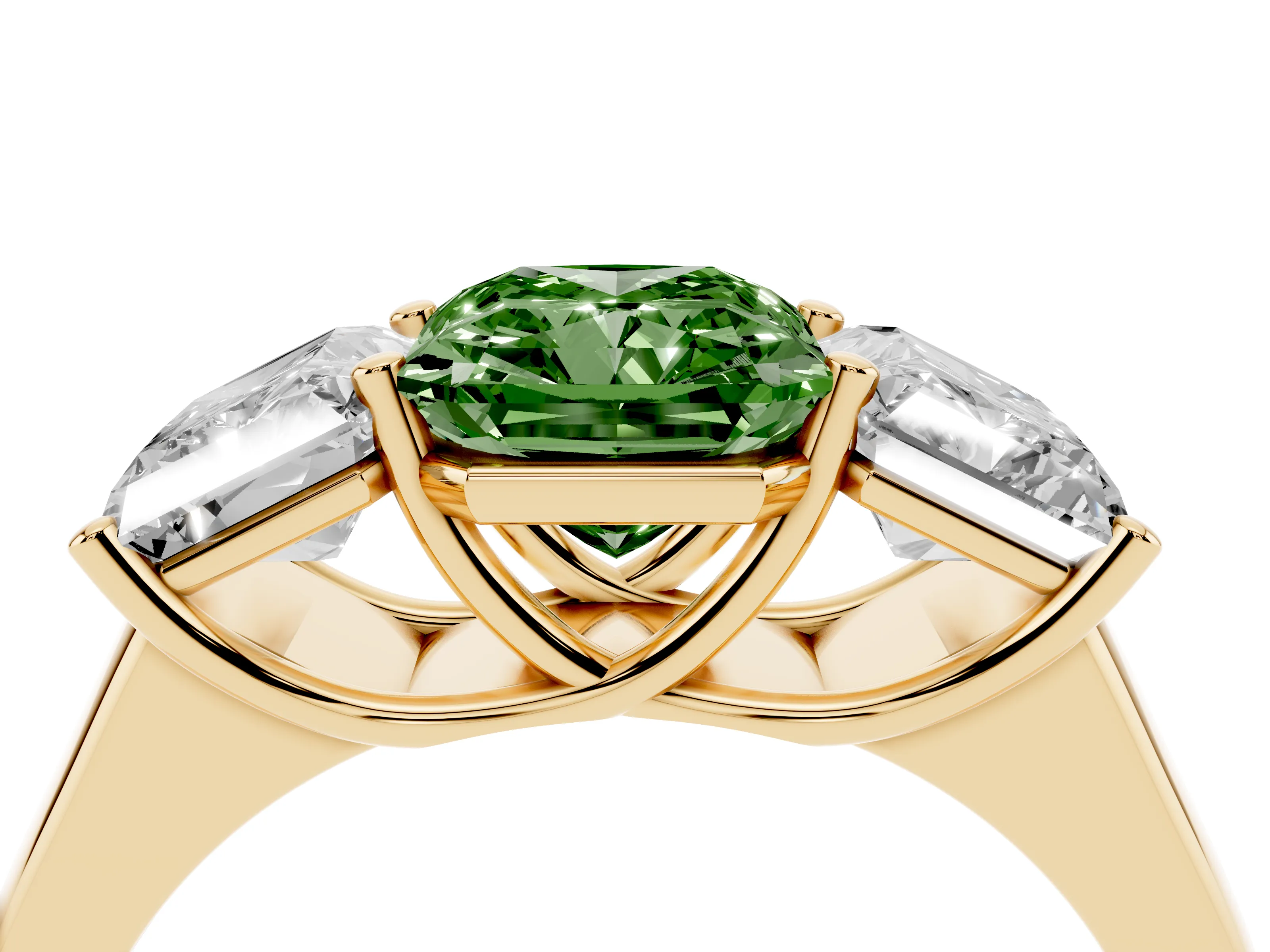 Fancy Green Radiant Cut Diamond Three-Stone Ring Set in Yellow gold with Plain Polished Band