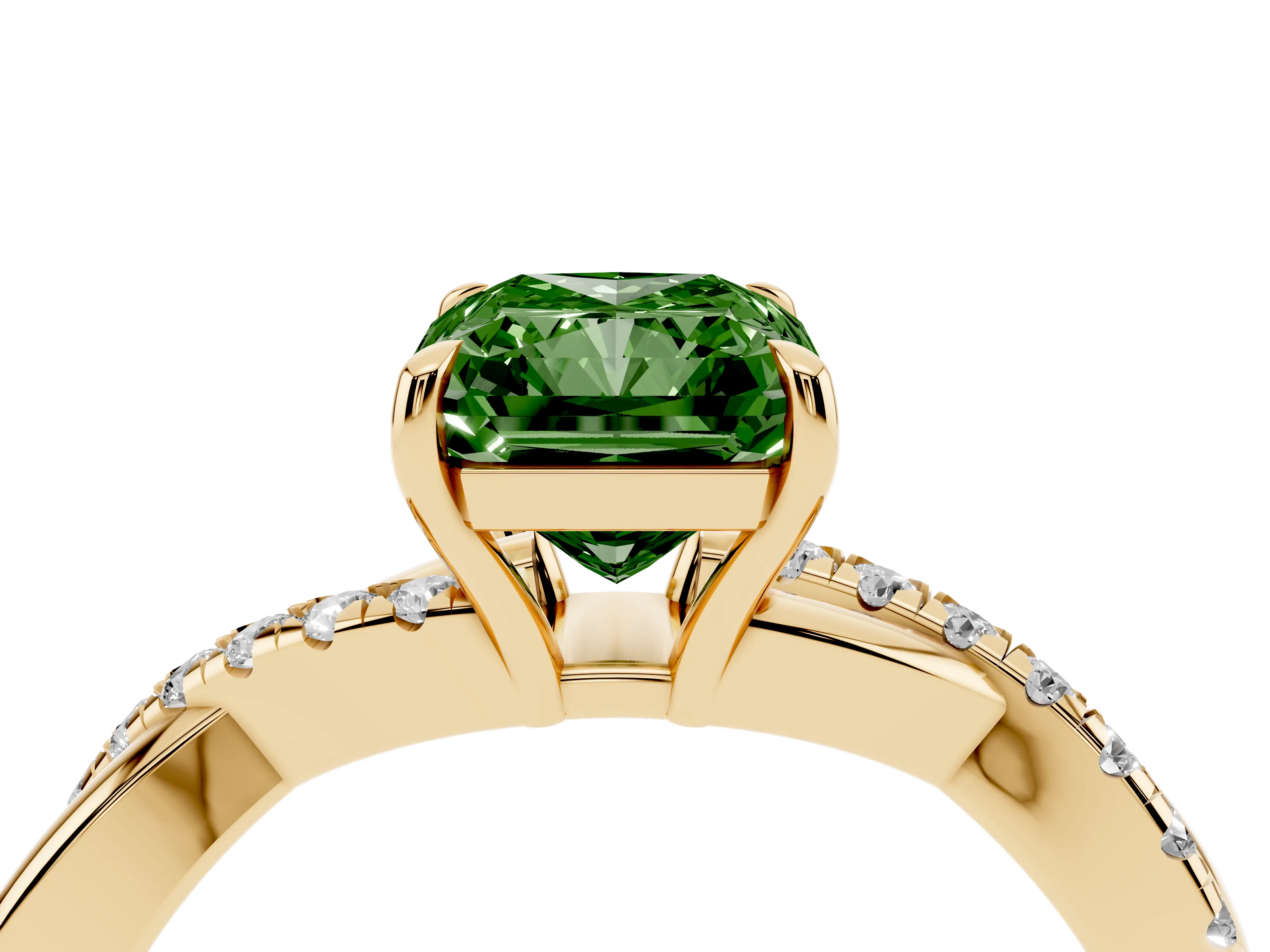 Fancy Green Radiant Cut Diamond Twisted Pavé Band Ring Set in Yellow gold with Prong Setting
