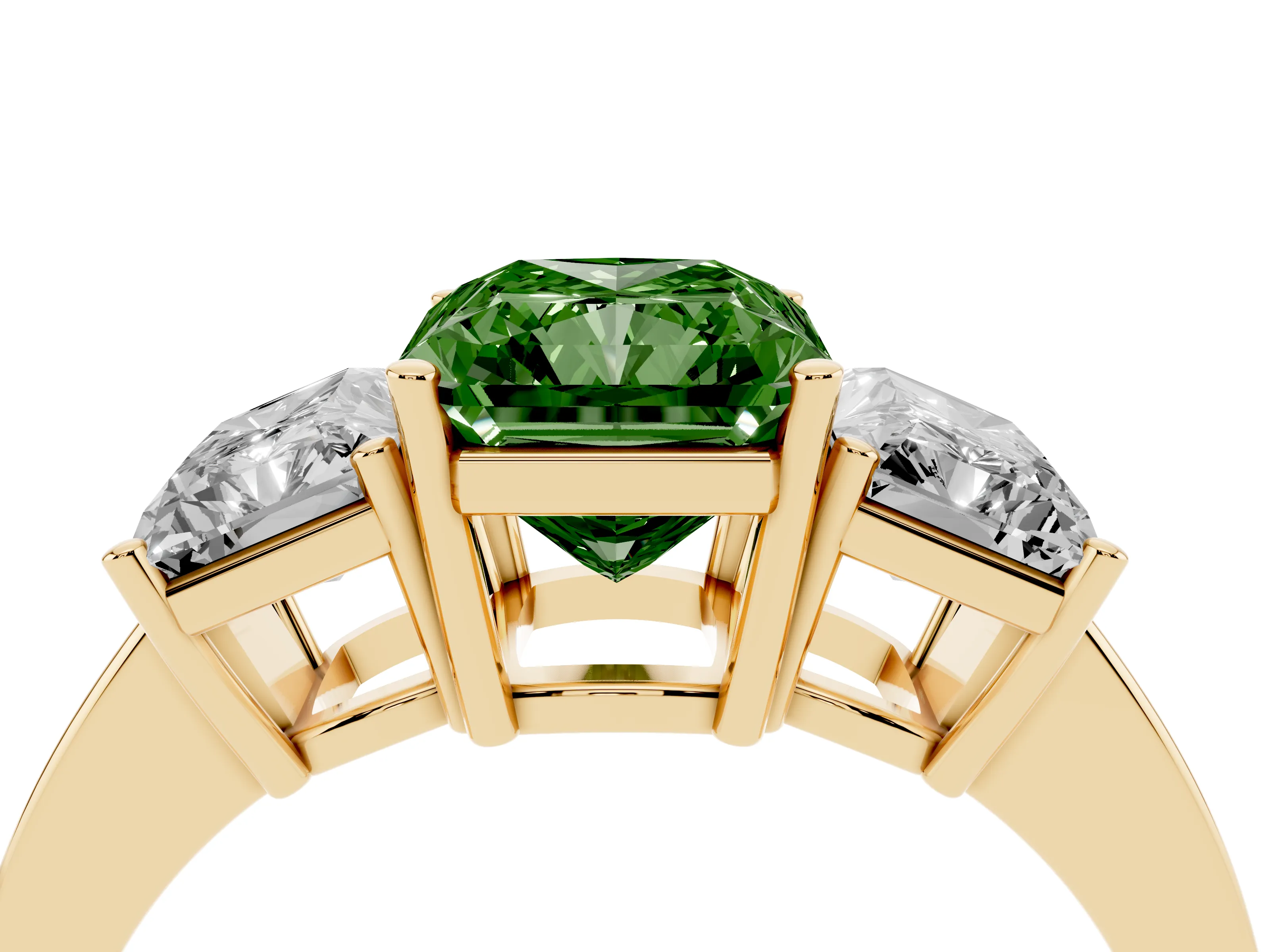 Fancy Green Radiant Cut Diamond Three-Stone Engagement Ring Set in Yellow gold with Flat Band