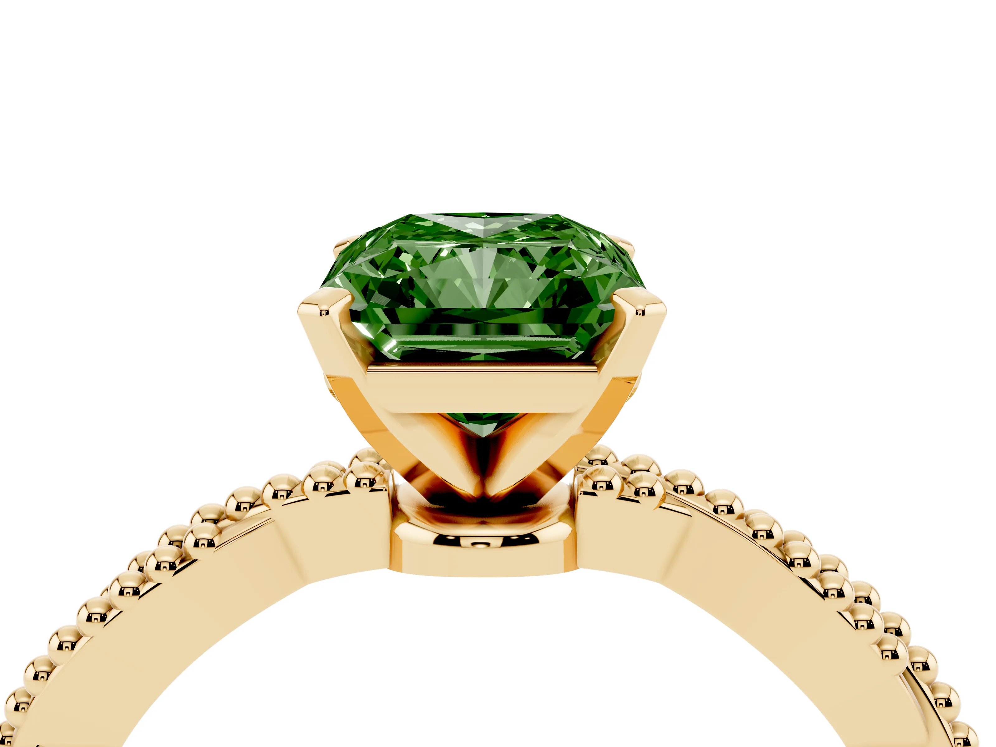 Fancy Green Radiant Cut Diamond Solitaire Ring Set in Yellow gold with Twisted Band and Bead Prong Setting