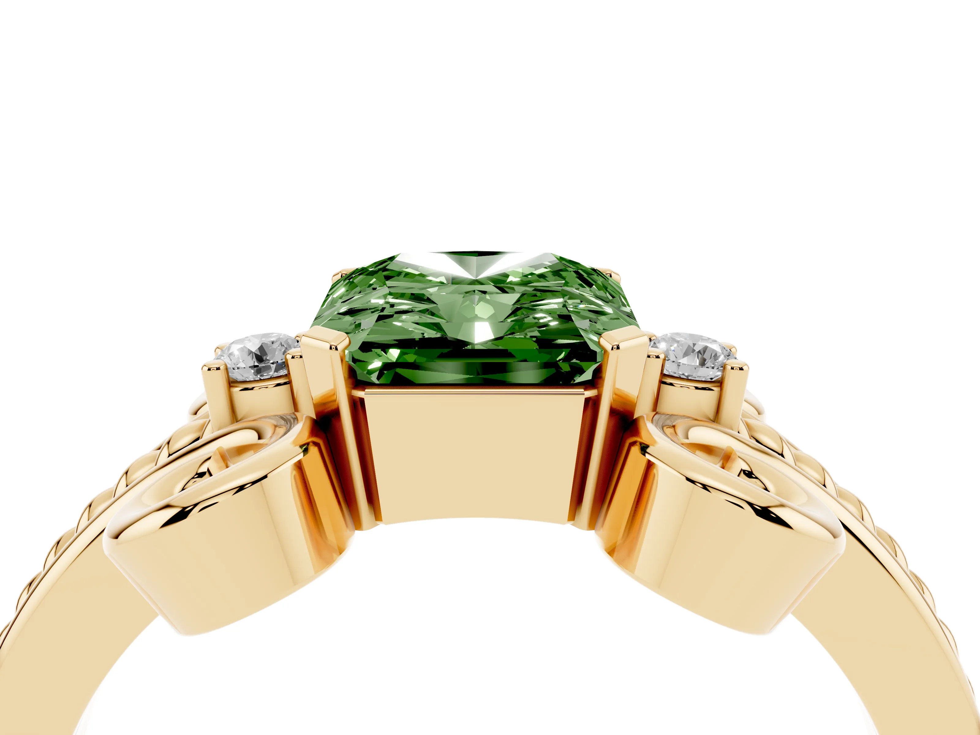 Fancy Green Radiant Cut Diamond Twisted Band Solitaire Ring Set in Yellow gold with Scroll Prongs