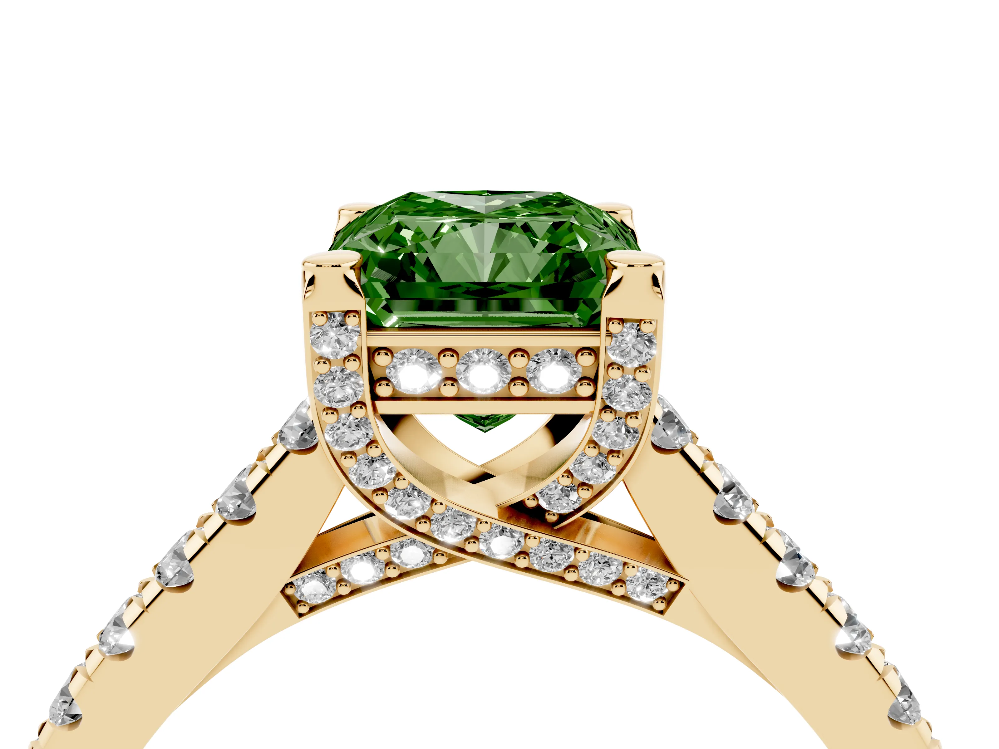 Fancy Green Radiant Cut Diamond Solitaire Ring Set in Yellow gold with Brilliant Pavé Band and Prong Setting
