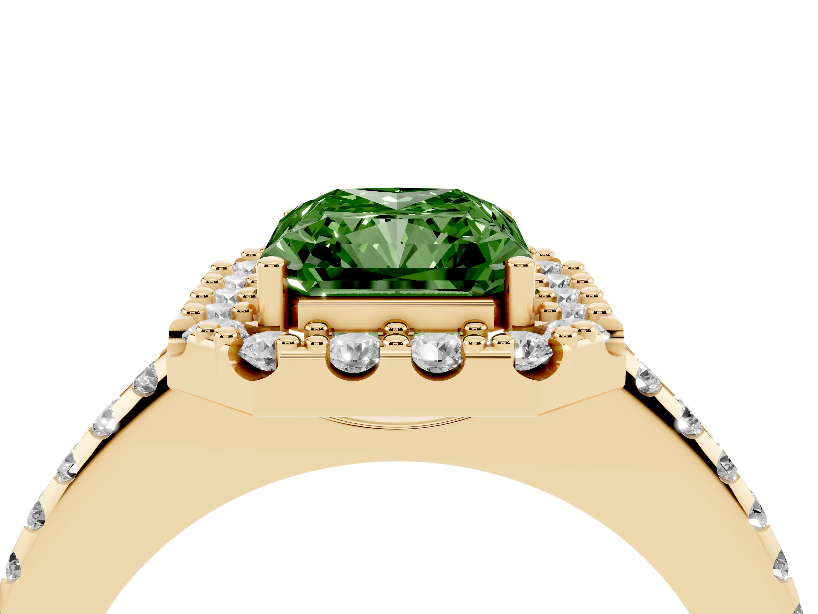 Fancy Green Radiant Cut Diamond Pavé Halo Ring Set in Yellow gold with Prong Setting