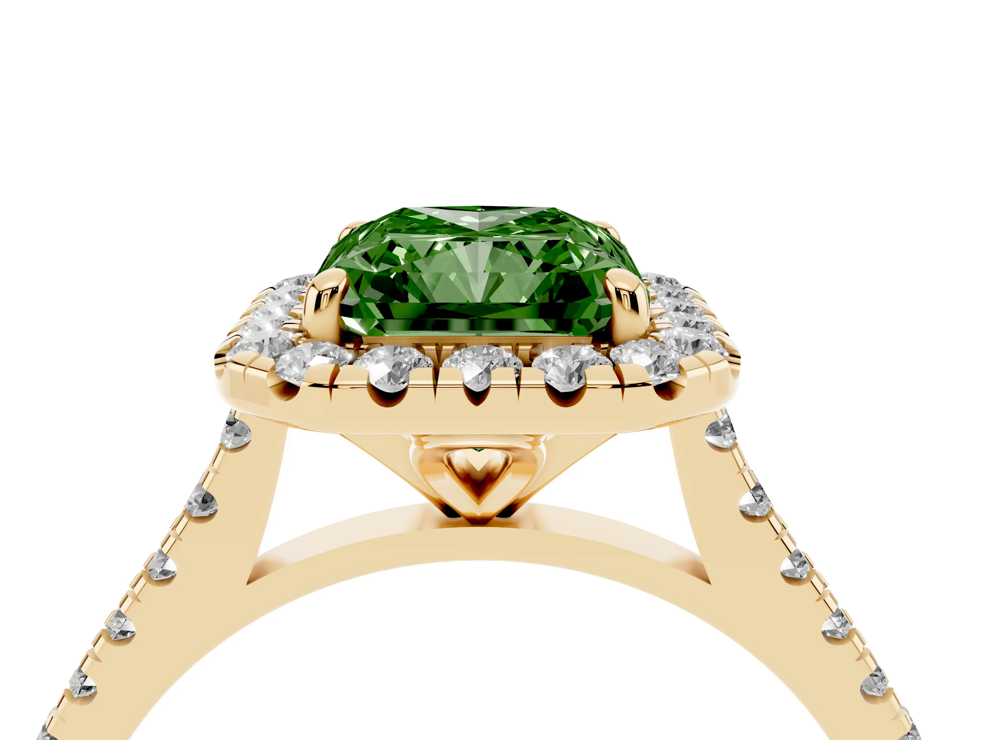 Fancy Green Radiant Cut Diamond Cushion Halo Ring Set in Yellow gold with Pavé Band