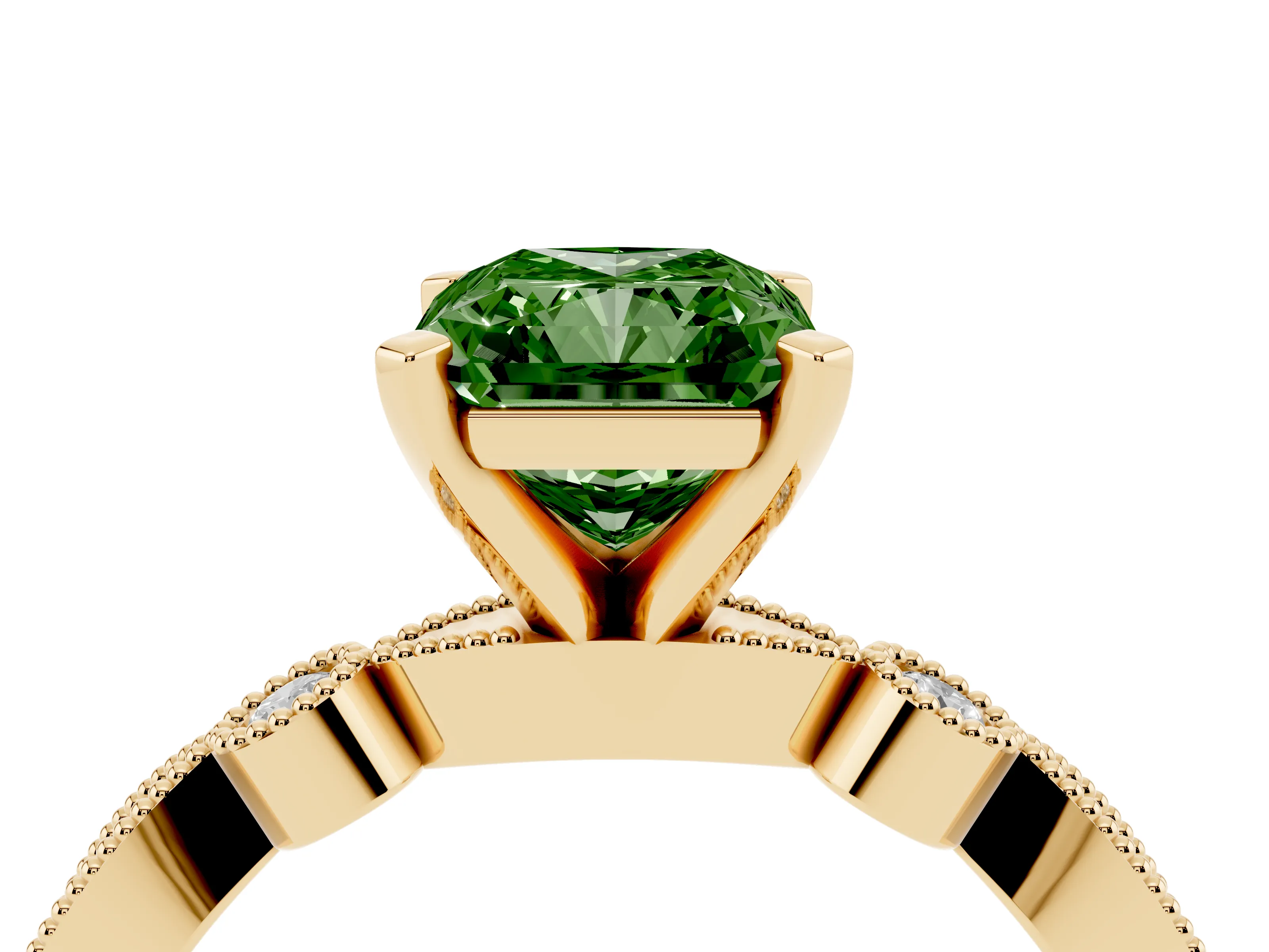 Fancy Green Radiant Cut Diamond Solitaire Engagement Ring Set in Yellow gold with Milgrain Bezel Accent Band
