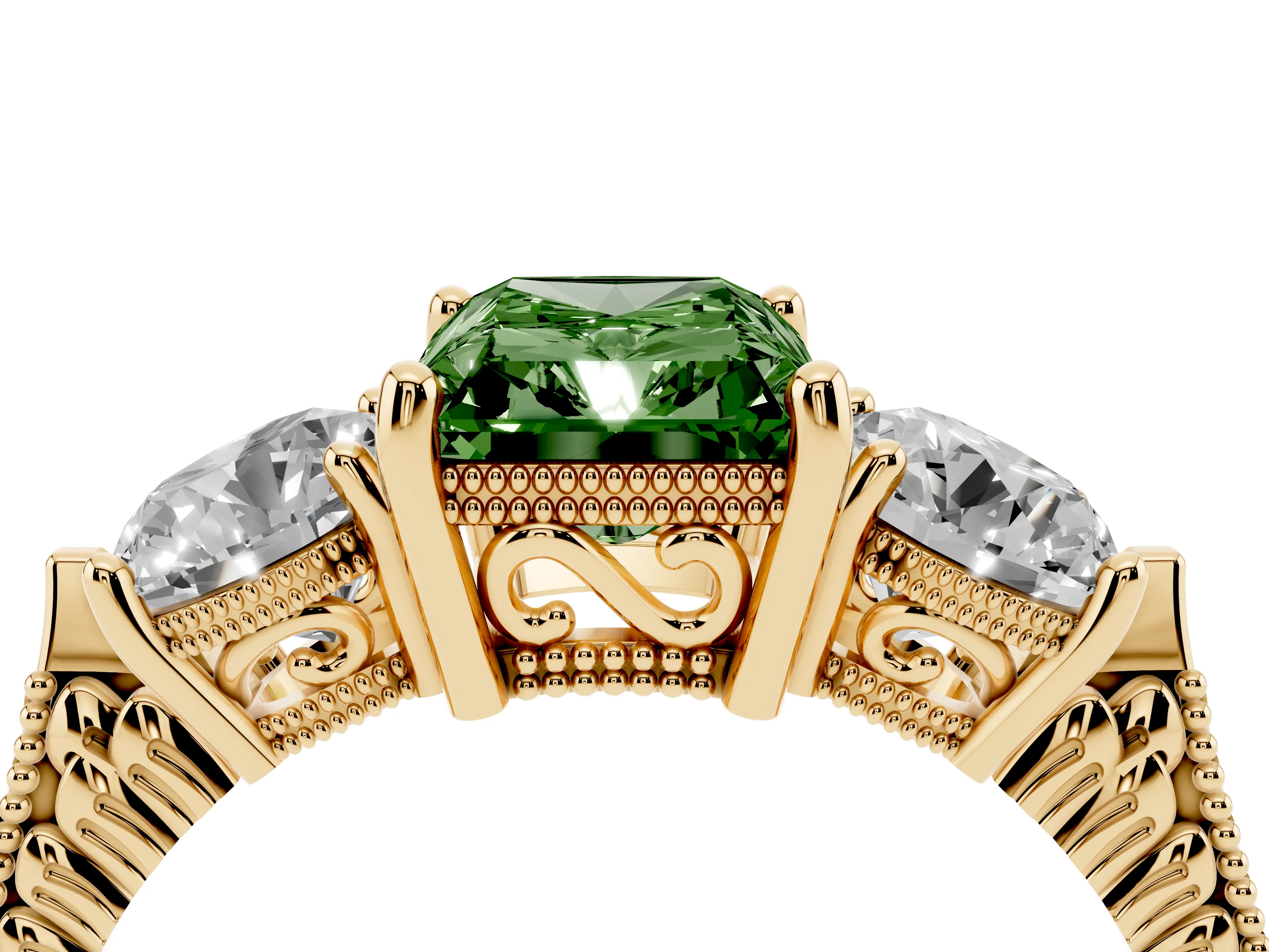 Fancy Green Radiant Cut Diamond Three-Stone Ring Set in Yellow gold with Milgrain Band