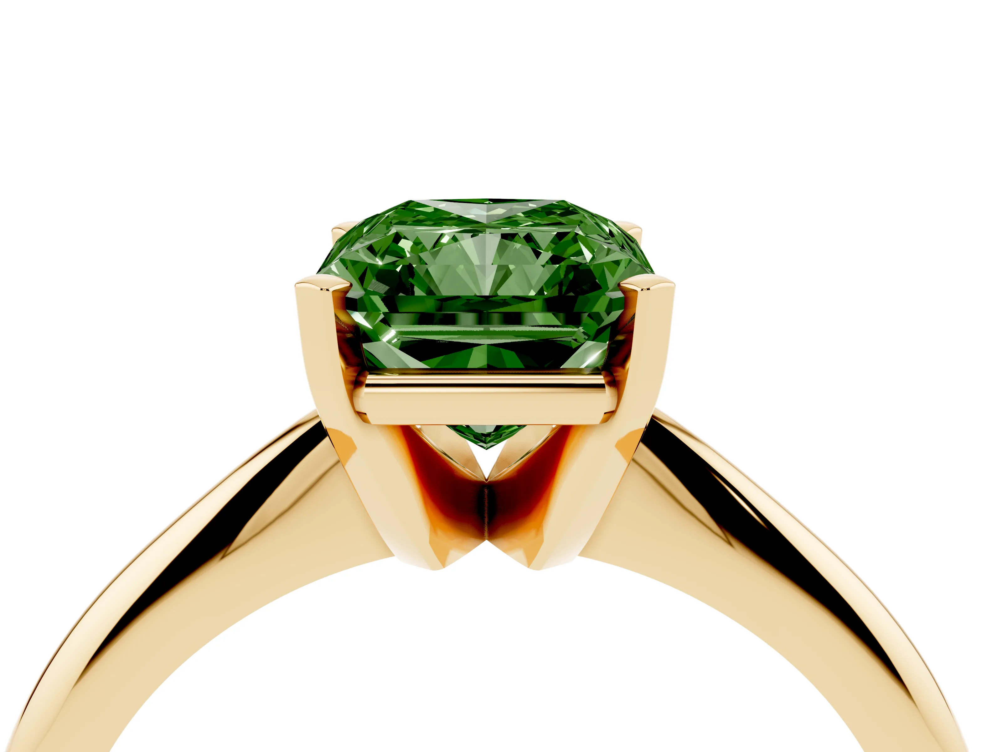 Fancy Green Radiant Cut Diamond Solitaire Ring Set in Yellow gold with Prong Setting on a Plain Round Band