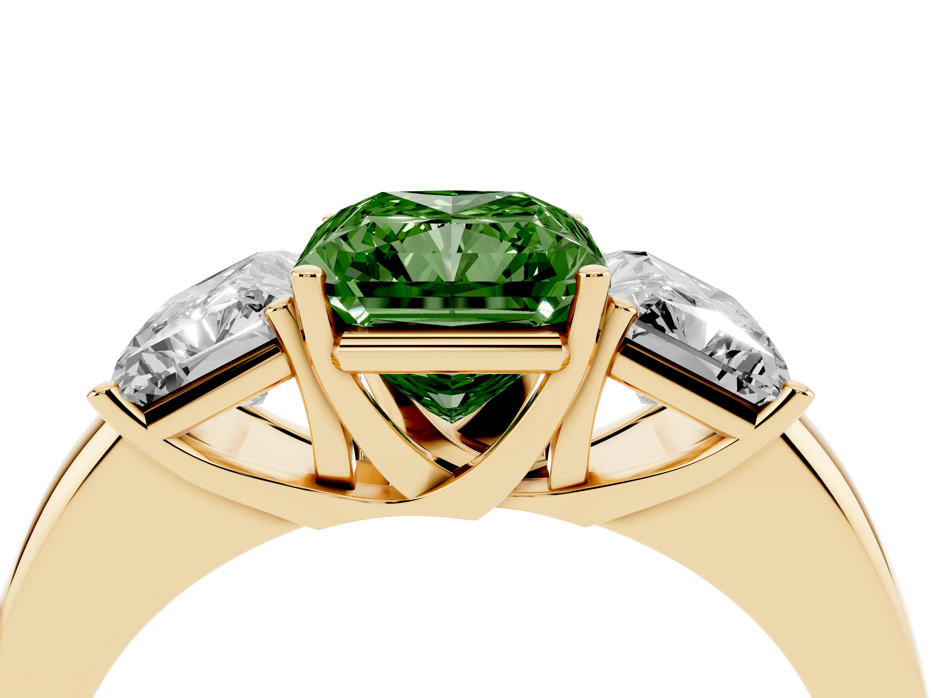Fancy Green Radiant Cut Diamond Three-Stone Ring Set in Yellow gold with Bold Center and Classic Band