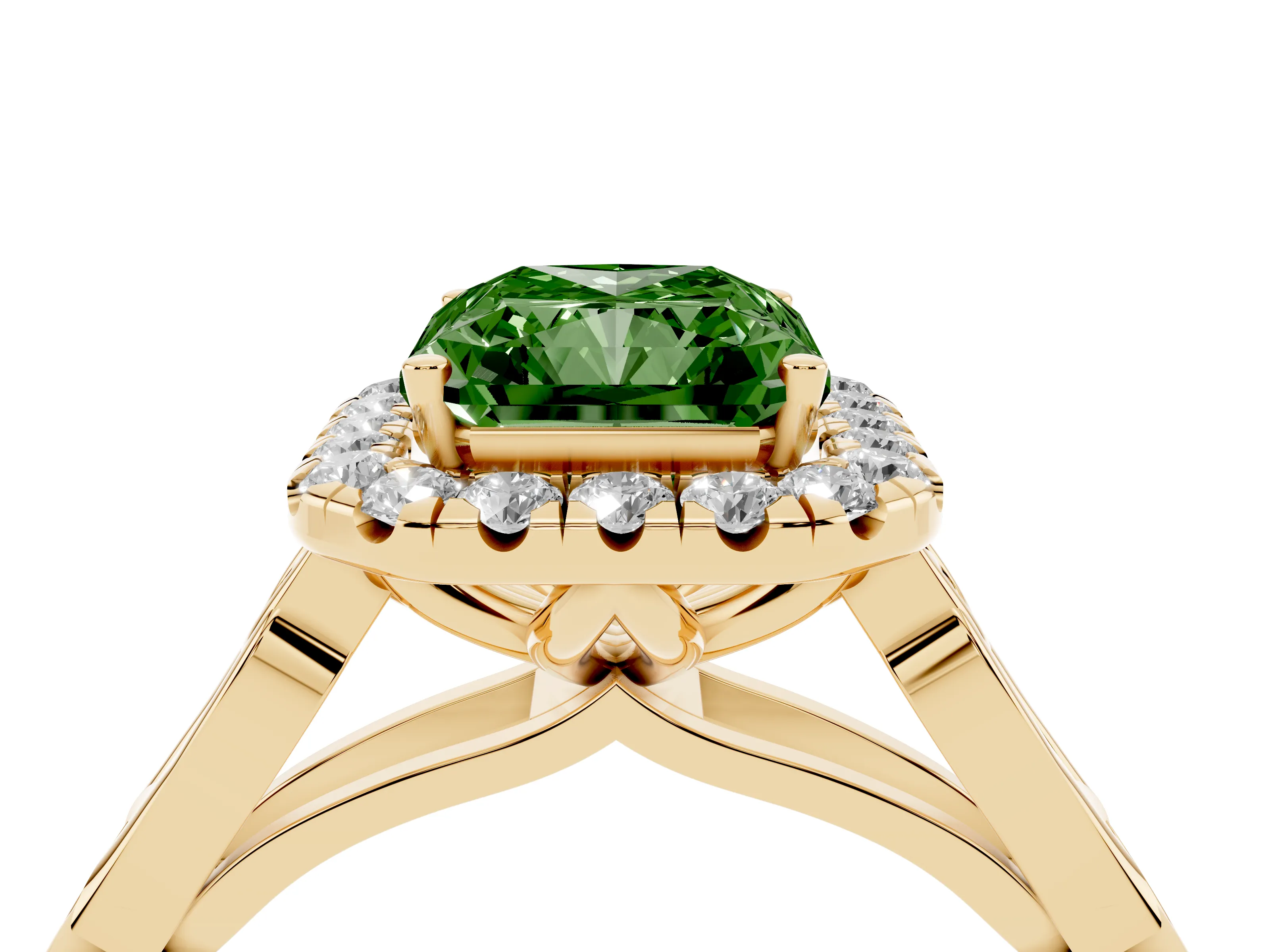 Fancy Green Radiant Cut Diamond Halo Engagement Ring Set in Yellow gold with Filigree Band and Prong-Set Center