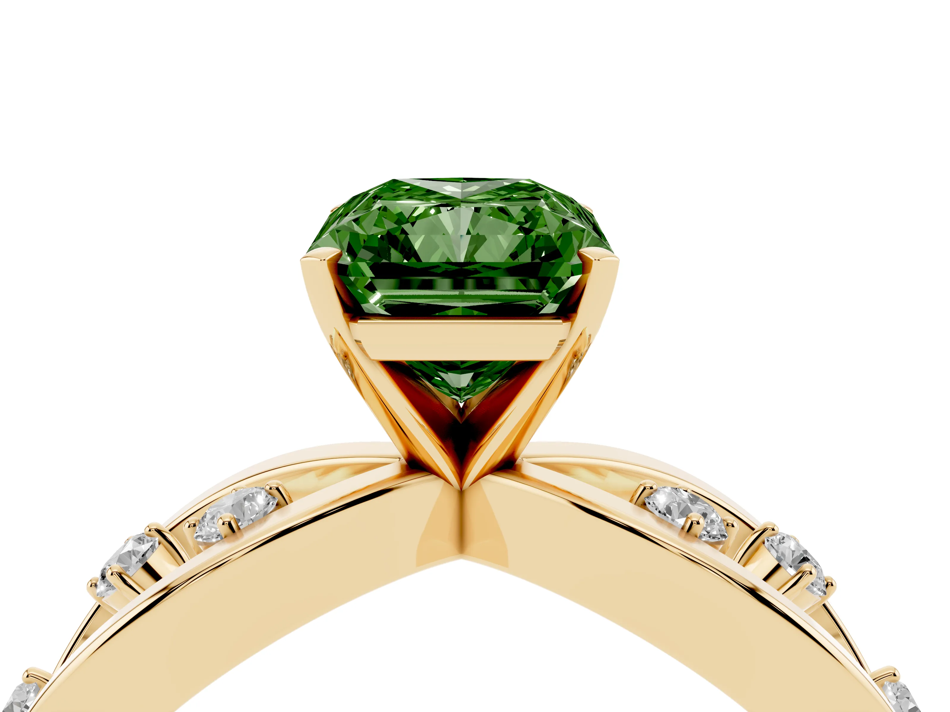 Fancy Green Radiant Cut Diamond Solitaire Ring Set in Yellow gold with Side Stones on Criss-Cross Band and Prong Setting