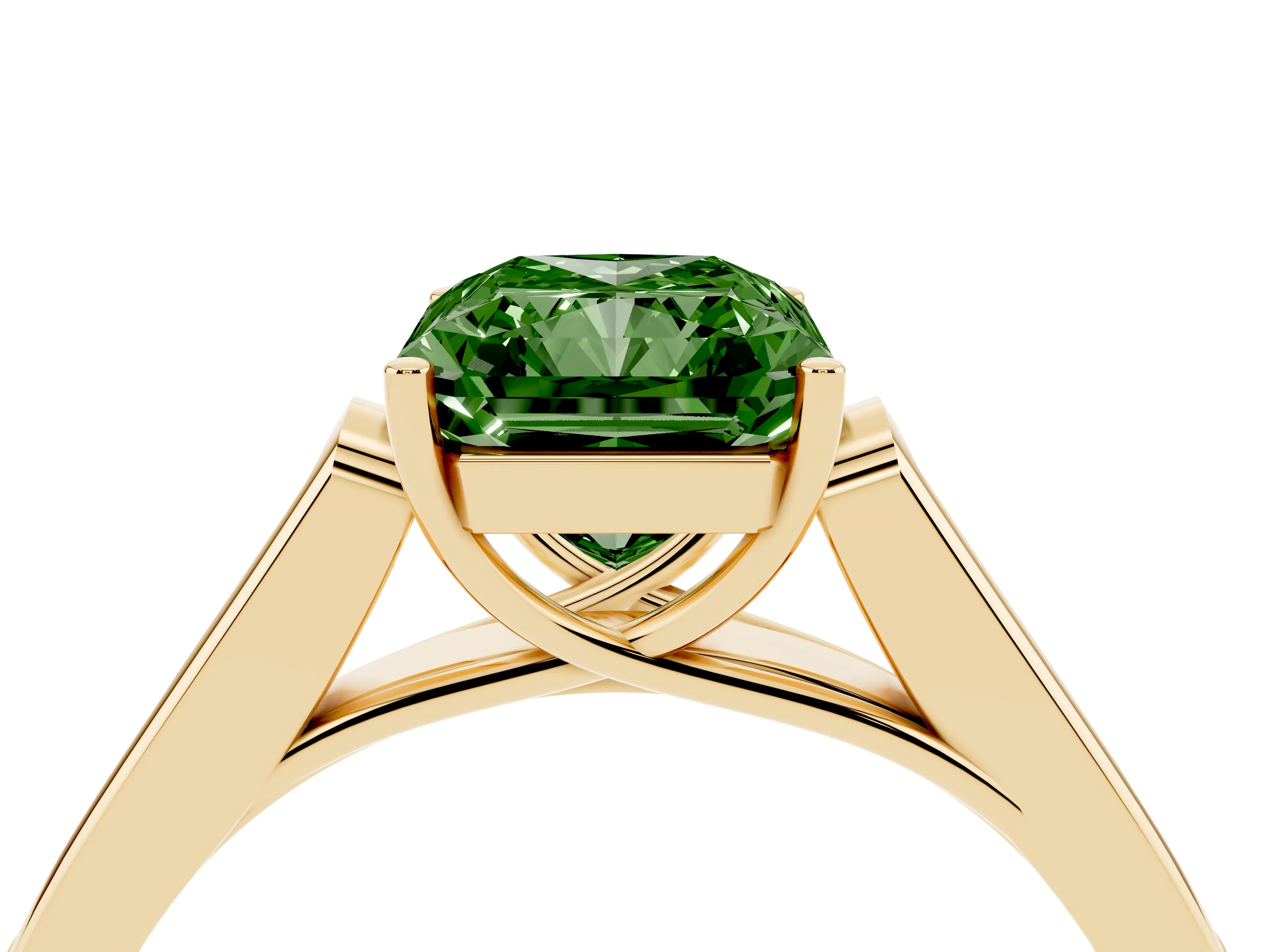 Fancy Green Radiant Cut Diamond Solitaire Cathedral Engagement Ring Set in Yellow gold with Channel-Set Band and Prong Setting