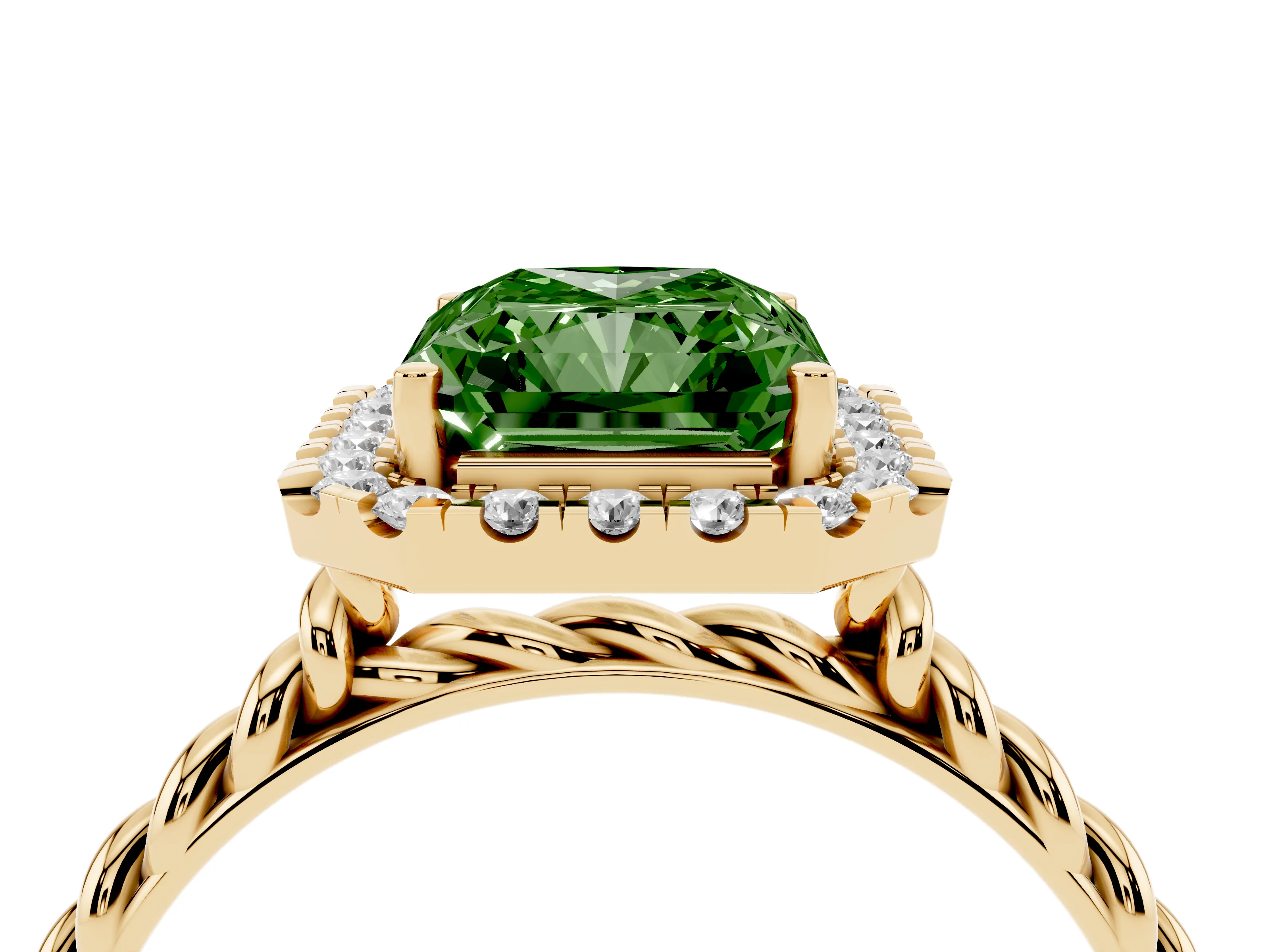 Fancy Green Radiant Cut Diamond Halo Ring Set in Yellow gold with Plain Twisted Band