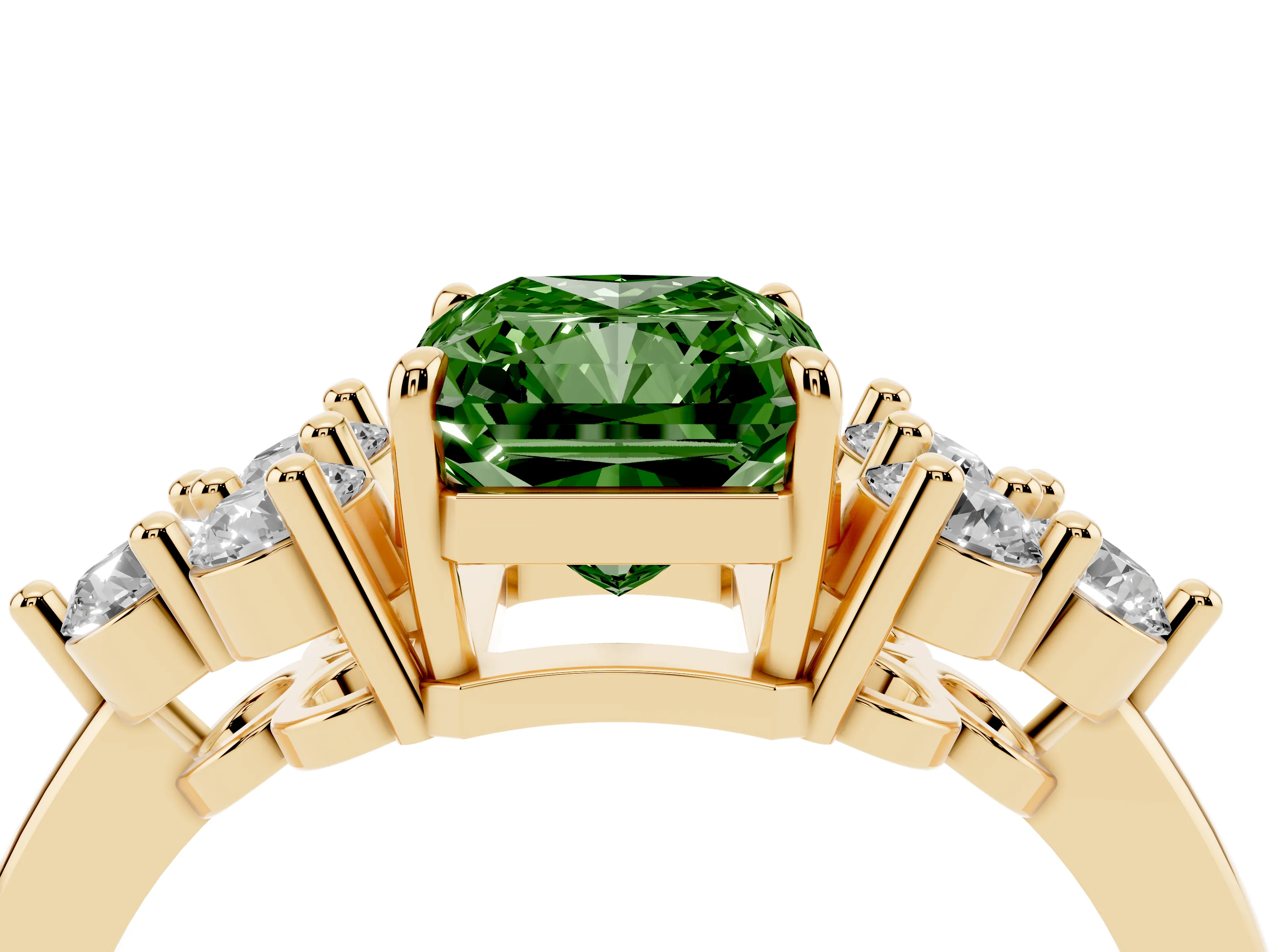 Fancy Green Radiant Cut Diamond Solitaire Ring Set in Yellow gold with Cluster Accents on Each Side
