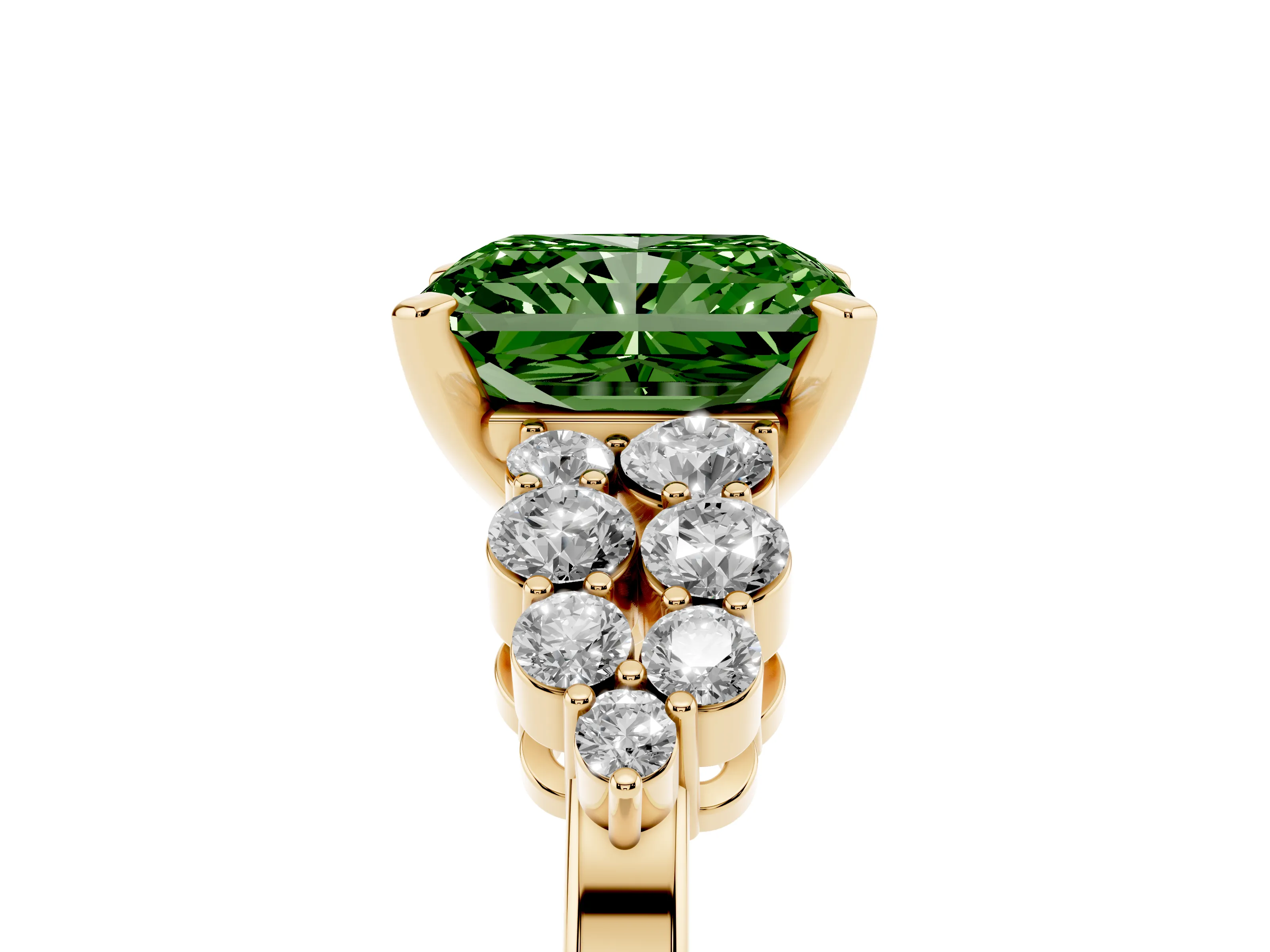 Fancy Green Radiant Cut Diamond Cluster Engagement Ring Set in Yellow gold with Pavé Band and Prong Setting
