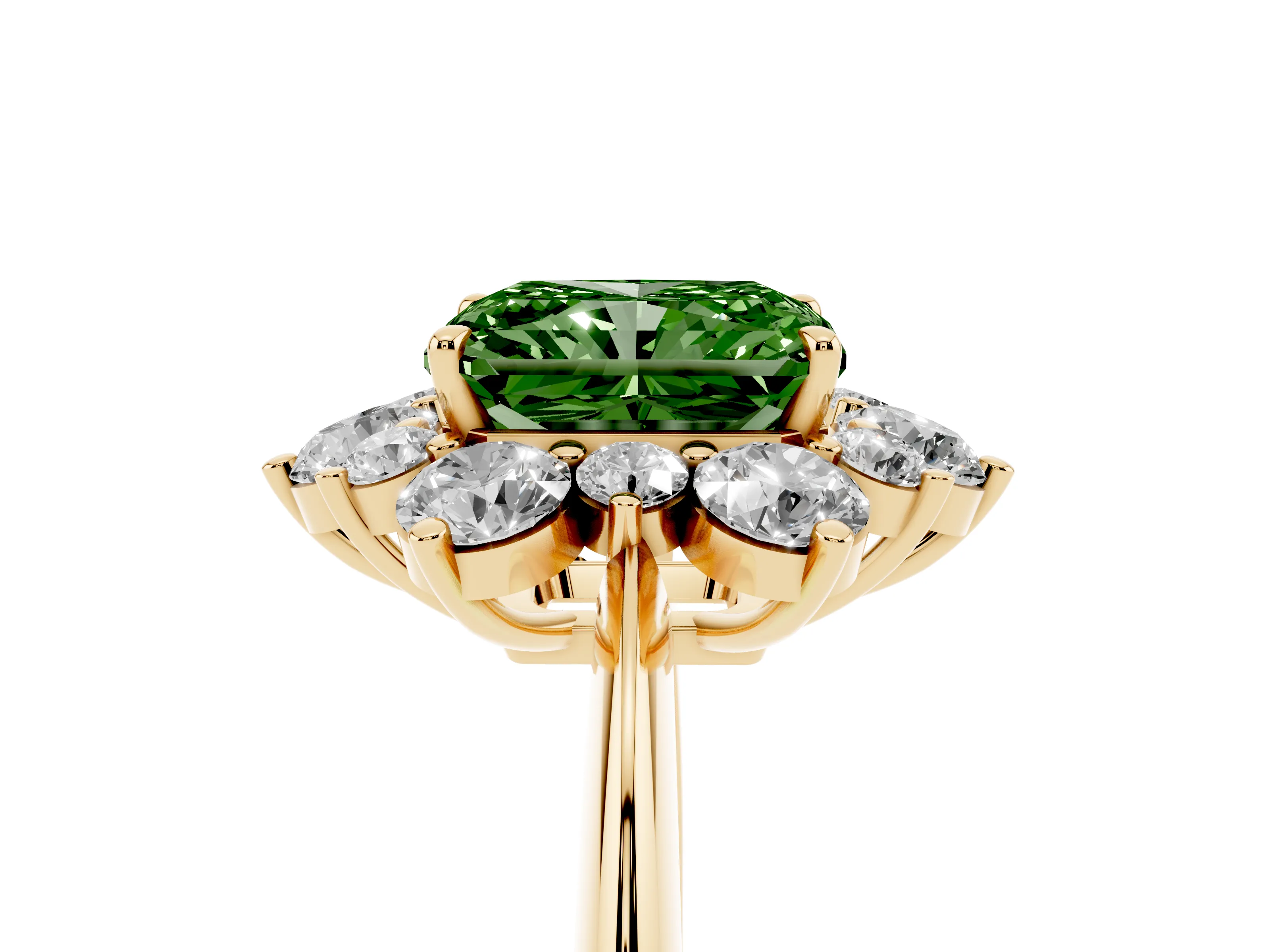 Fancy Green Radiant Cut Diamond Cluster Halo Ring Set in Yellow gold with Solitaire Band and Prong Setting