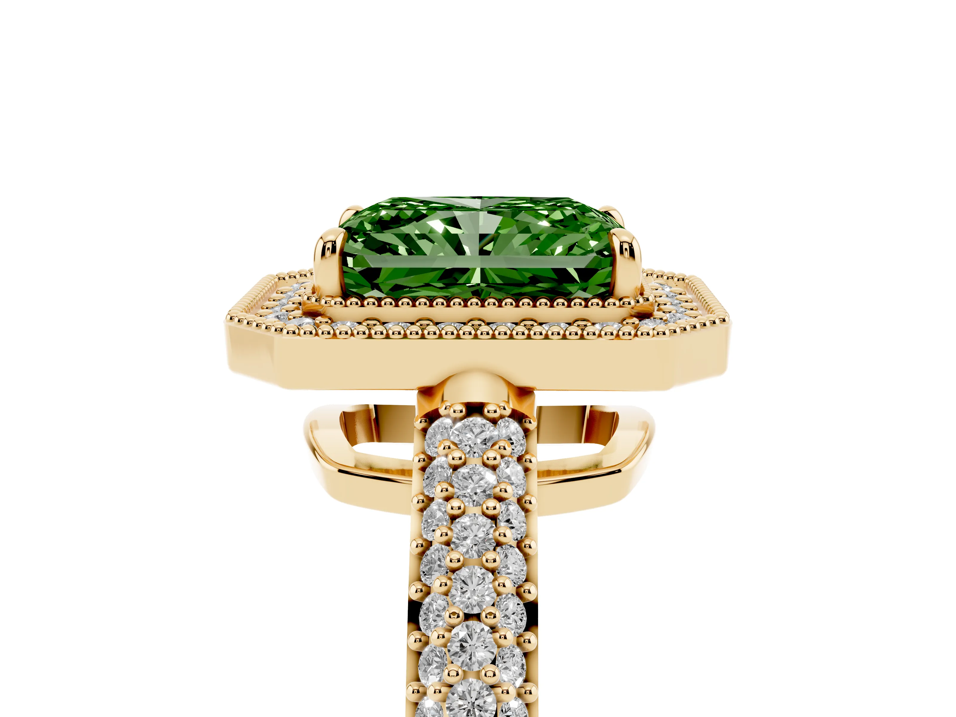 Fancy Green Radiant Cut Diamond Halo Pavé Band Set in Yellow gold with Prong Setting