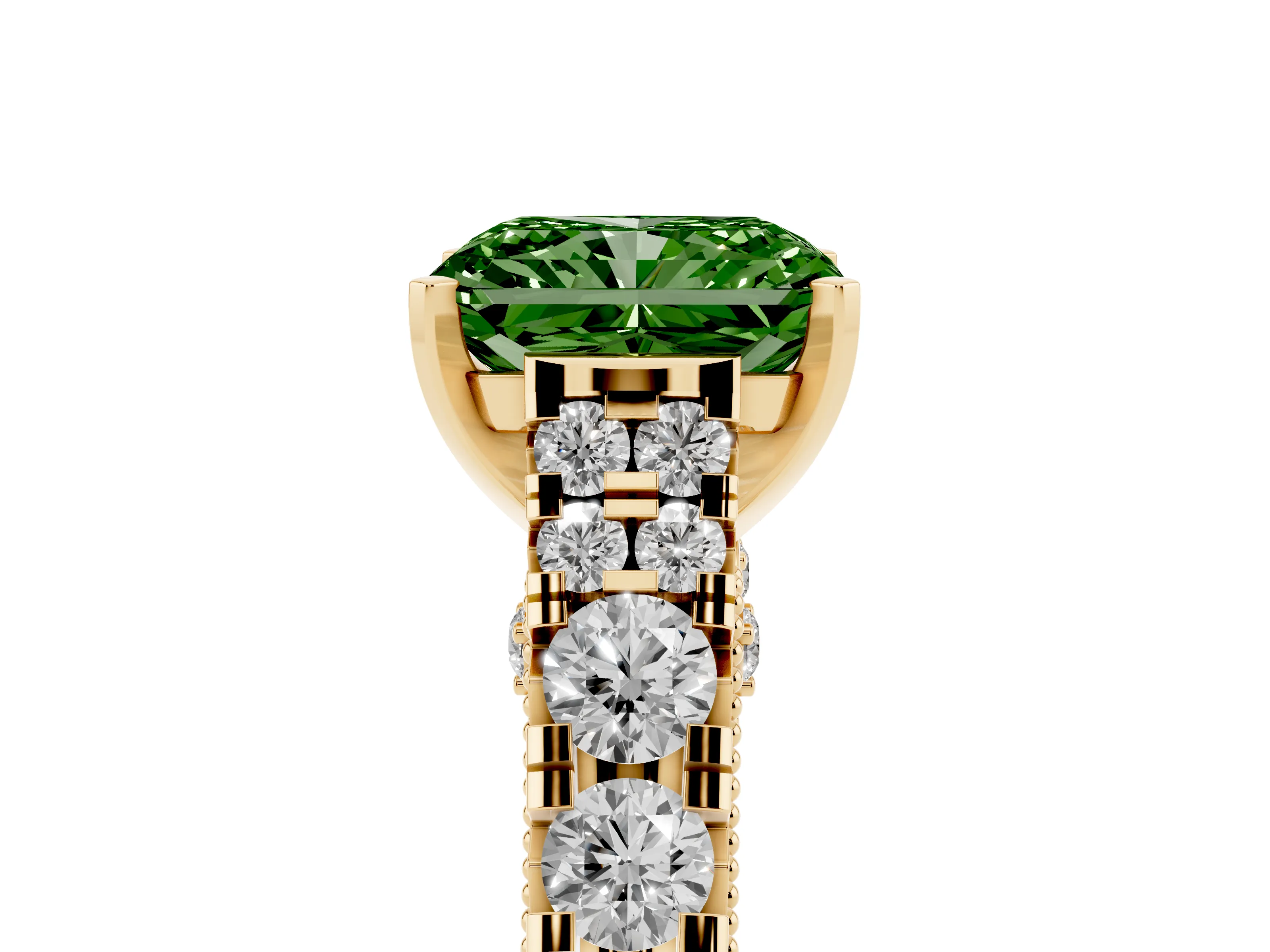Fancy Green Radiant Cut Diamond Classic Solitaire Ring Set in Yellow gold with Pavé Band and Prong Setting