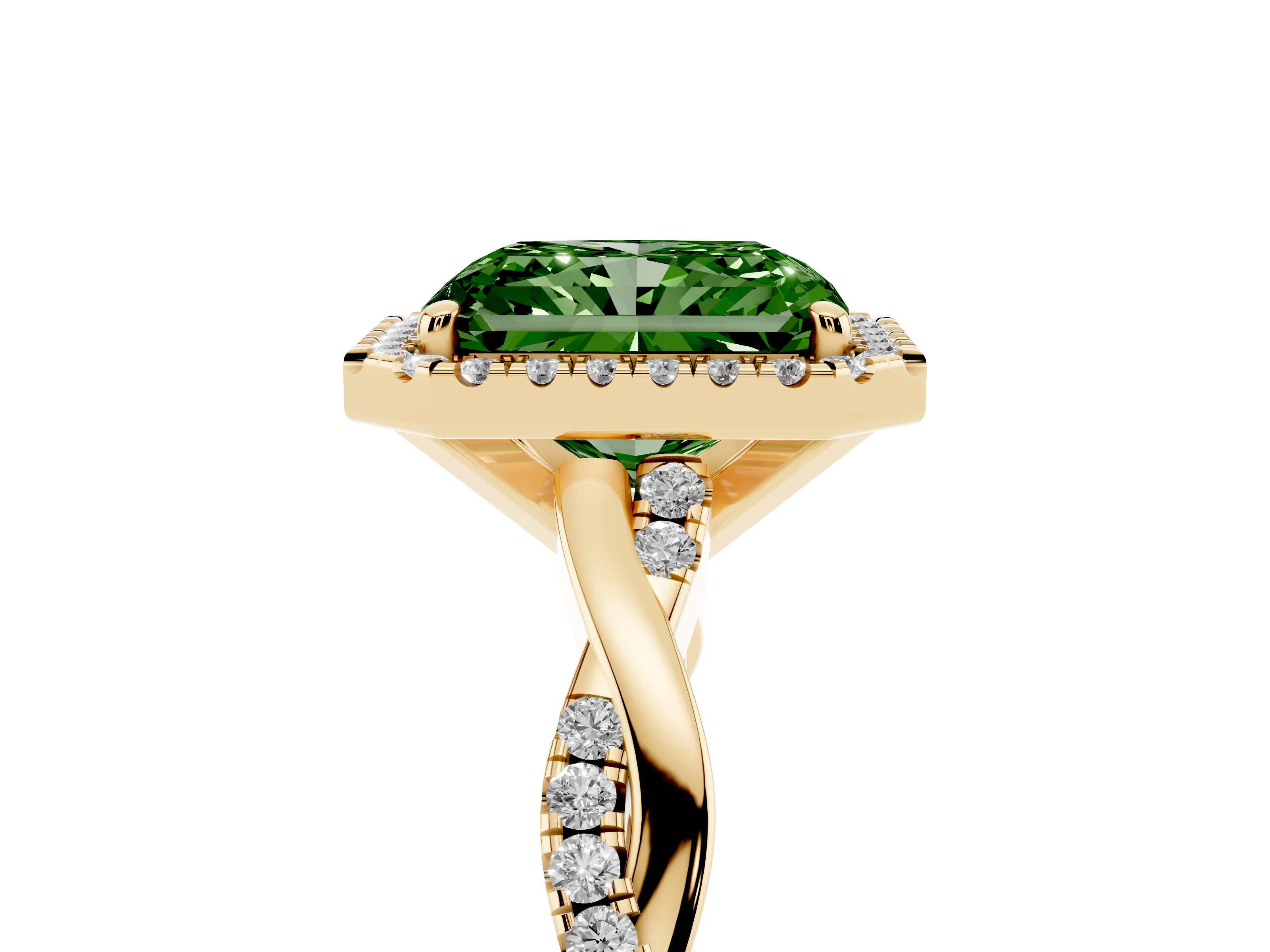 Fancy Green Radiant Cut Diamond Halo Twisted Band Ring Set in Yellow gold with Prong Setting