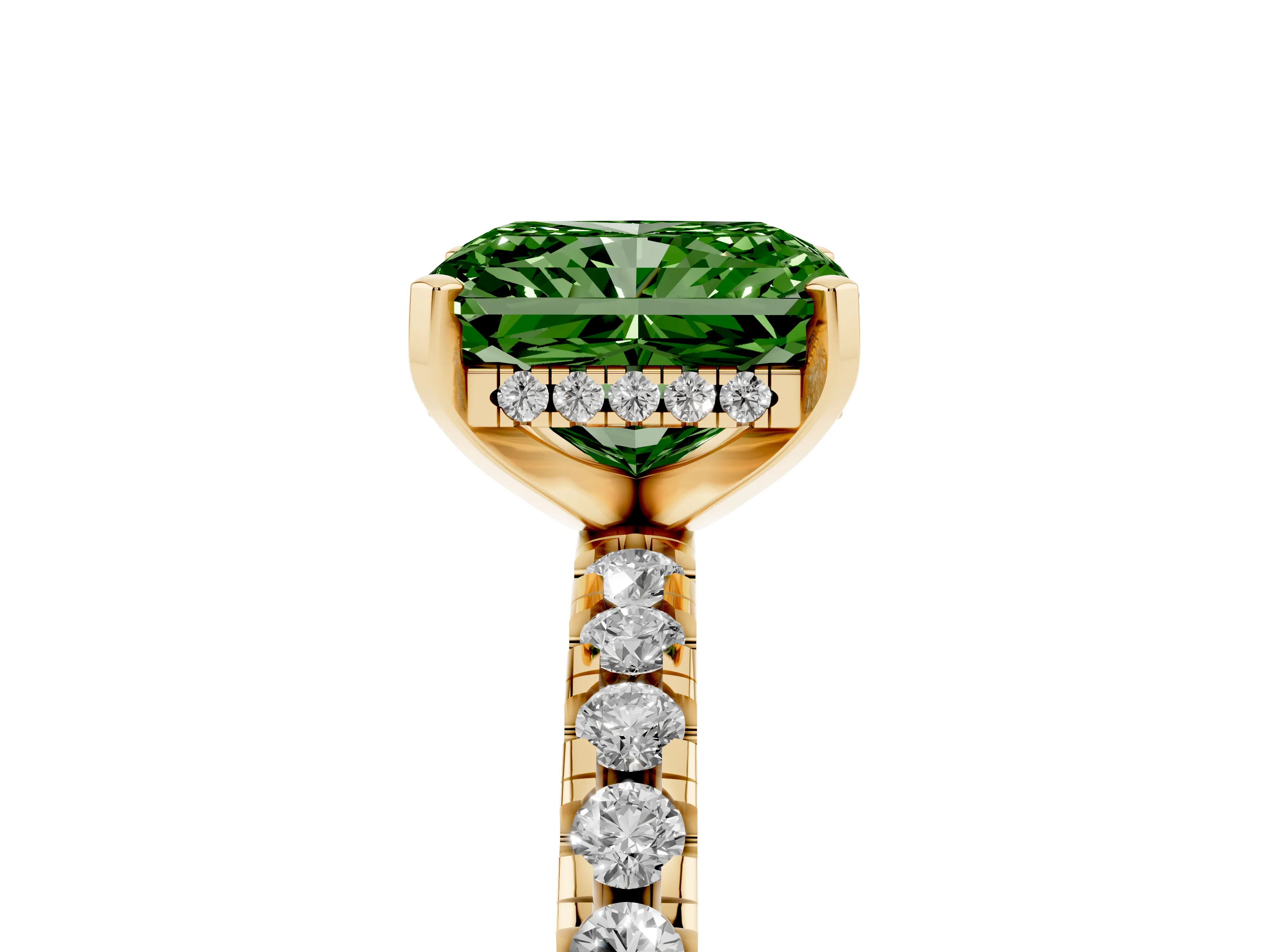 Fancy Green Radiant Cut Diamond Pavé Solitaire Ring Set in Yellow gold with Round Band Accents and Prong Setting