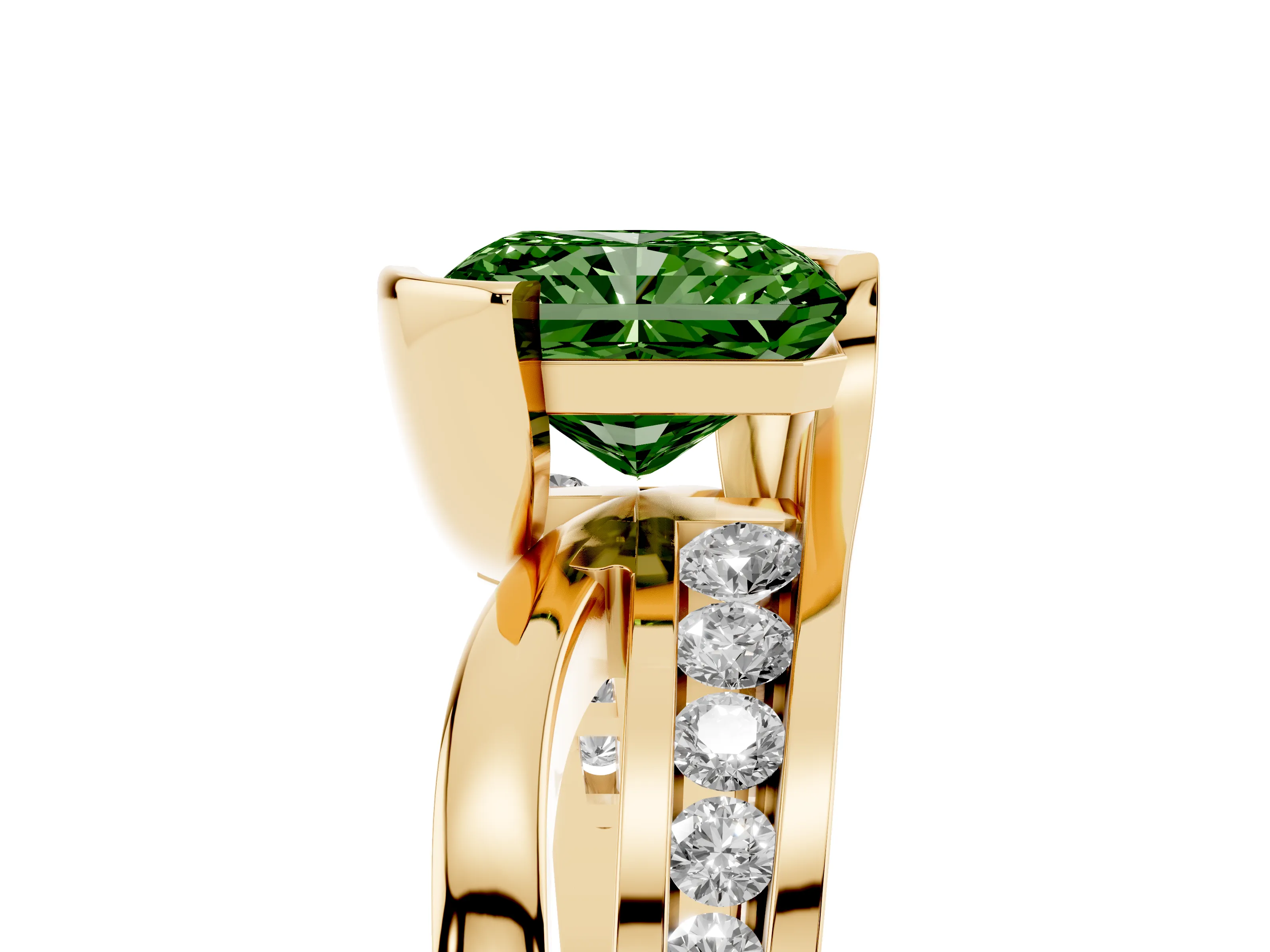 Fancy Green Radiant Cut Diamond Solitaire Ring Set in Yellow gold with Channel Set Split Shank and Tension Prongs