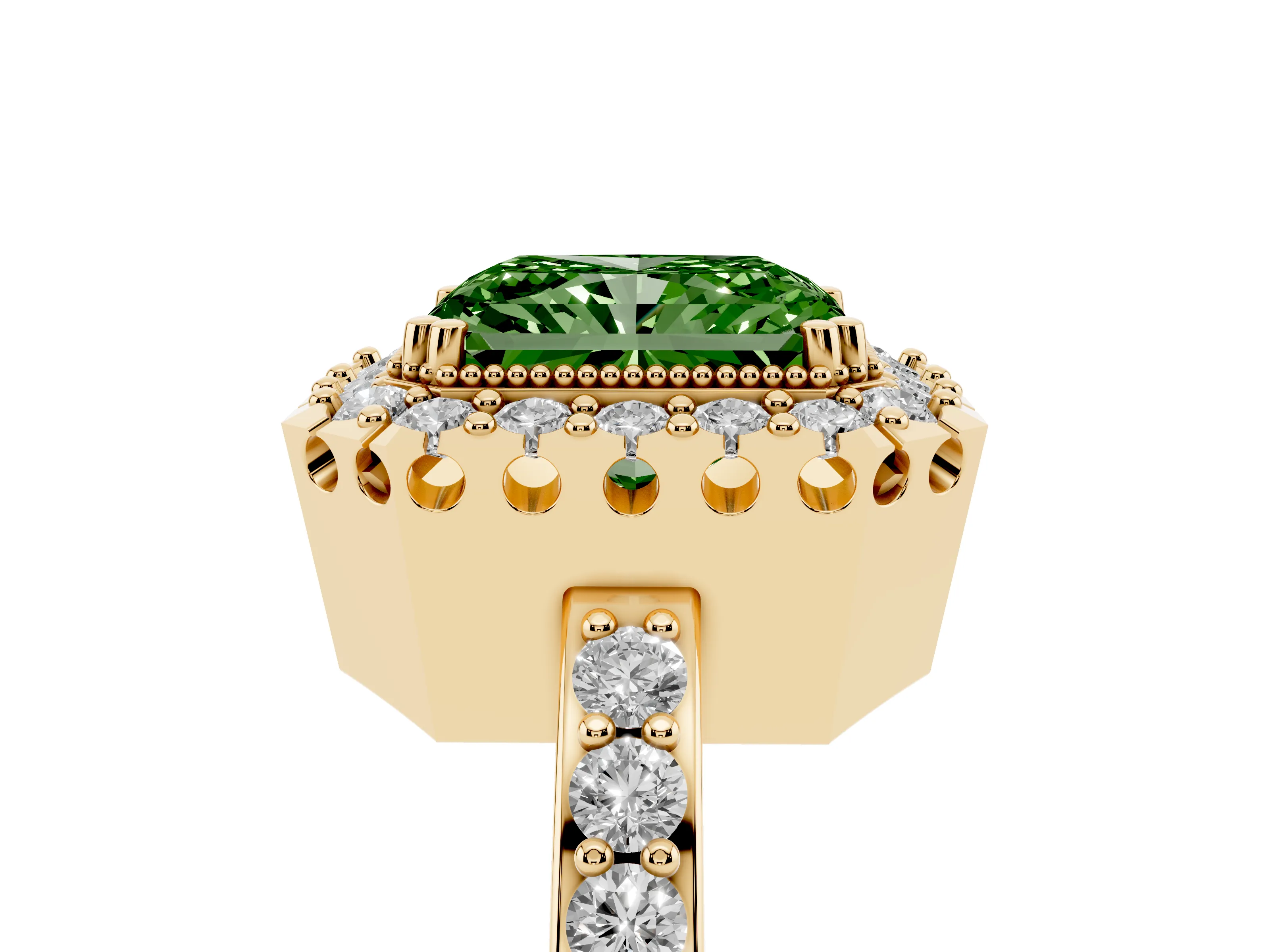 Fancy Green Radiant Cut Diamond Halo Ring Set in Yellow gold with Pavé Shank and Prong Setting