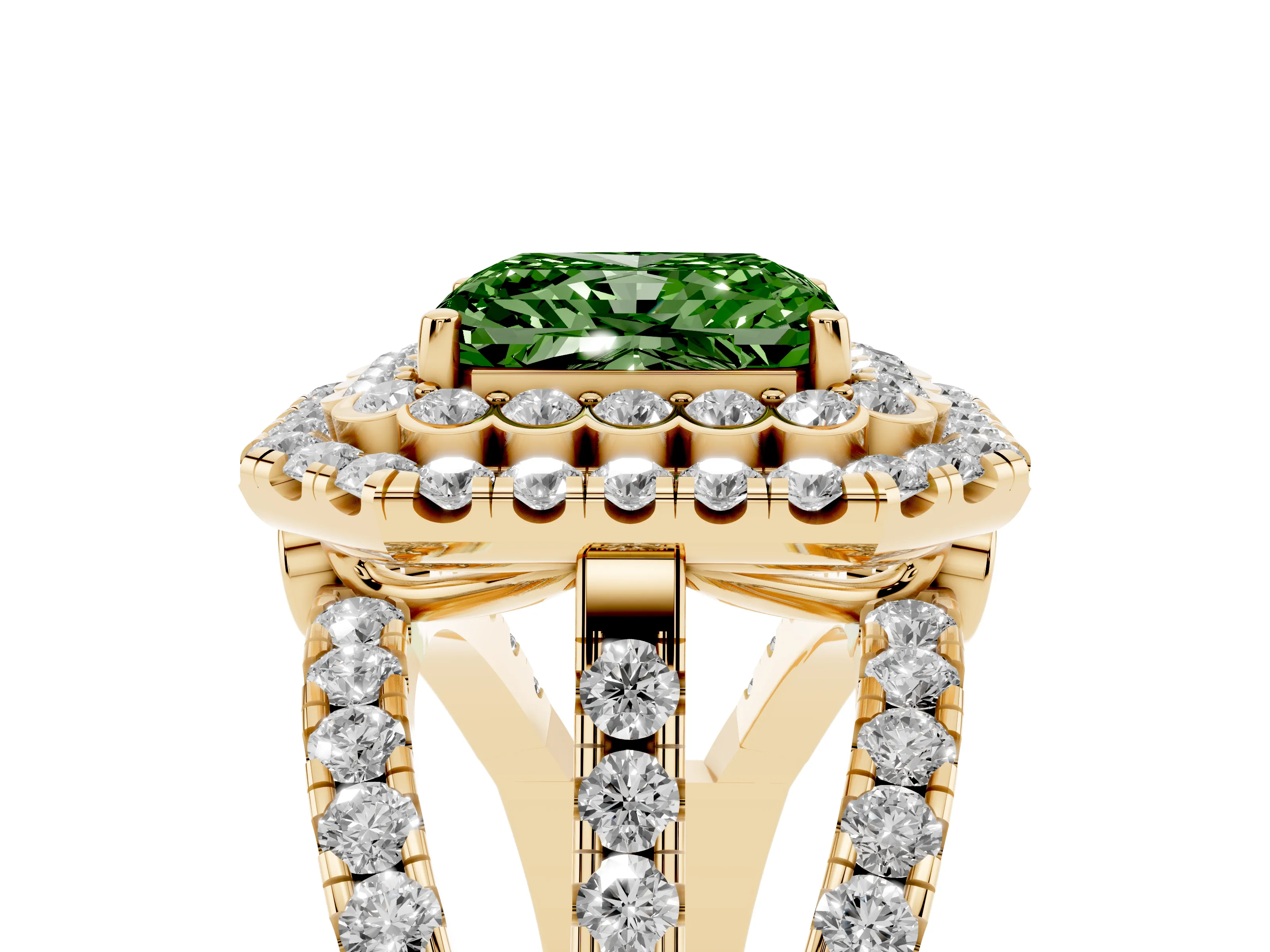 Fancy Green Radiant Cut Diamond Double Halo Ring Set in Yellow gold with Round Pavé Split Shank