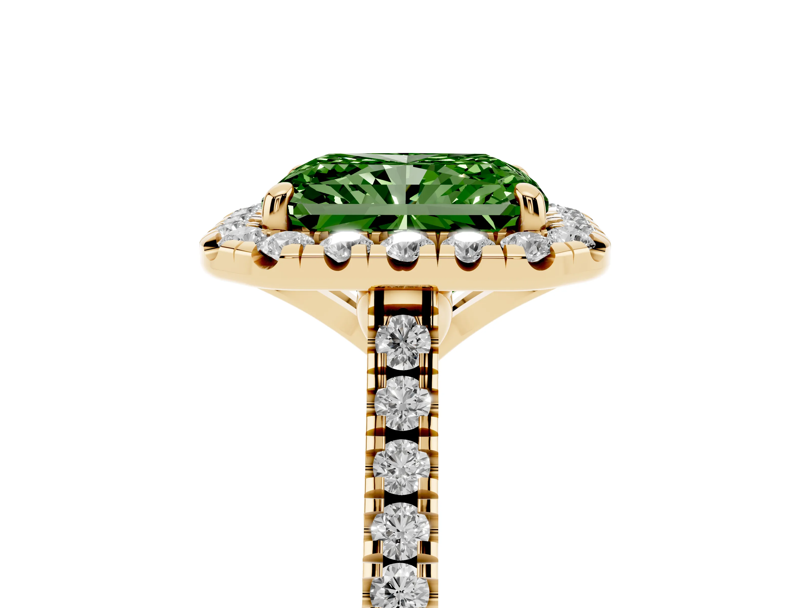 Fancy Green Radiant Cut Diamond Cushion Halo Ring Set in Yellow gold with Pavé Band