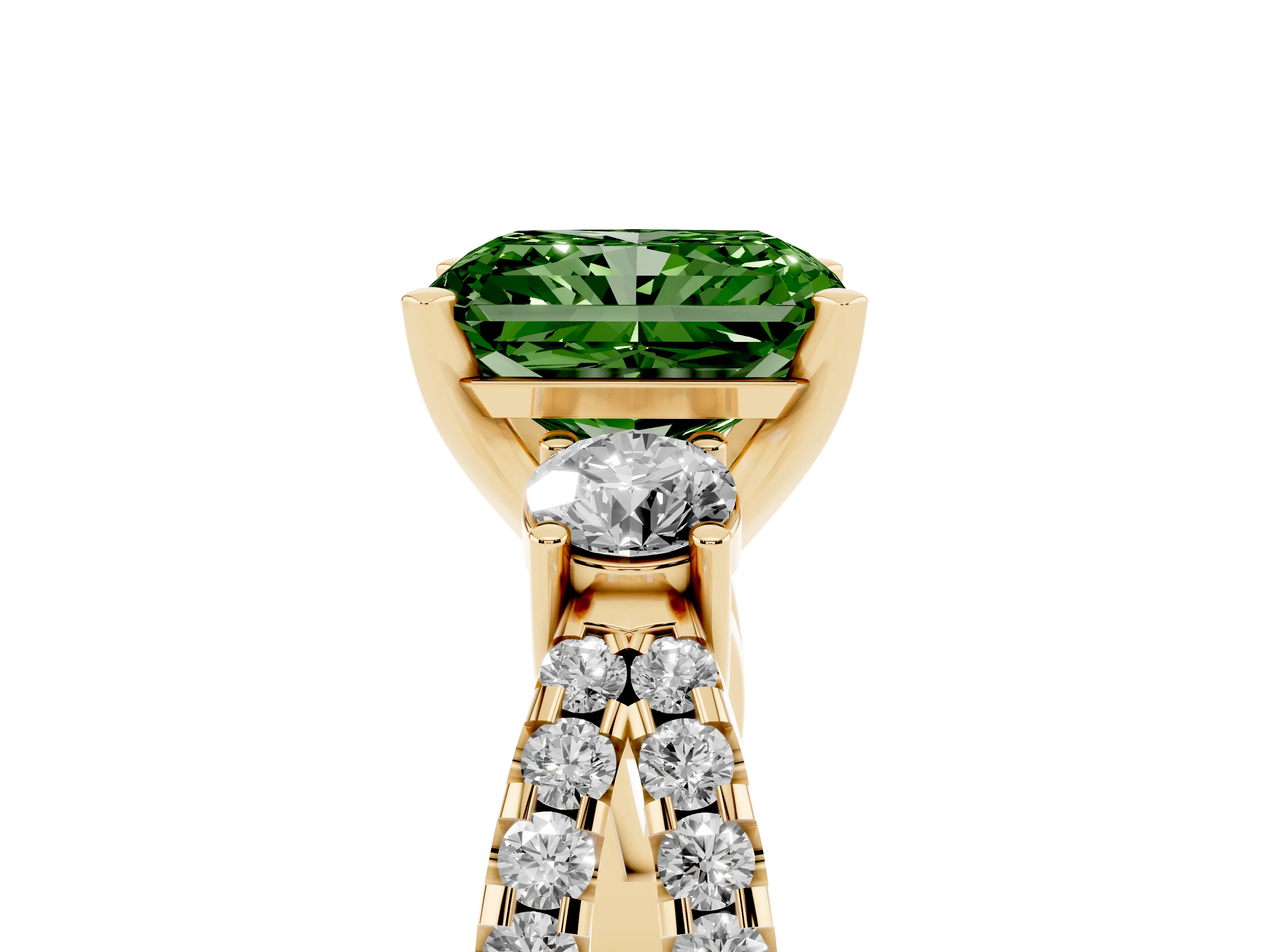 Fancy Green Radiant Cut Diamond Three-Stone Ring Set in Yellow gold with Pavé Split Shank and Prong Setting