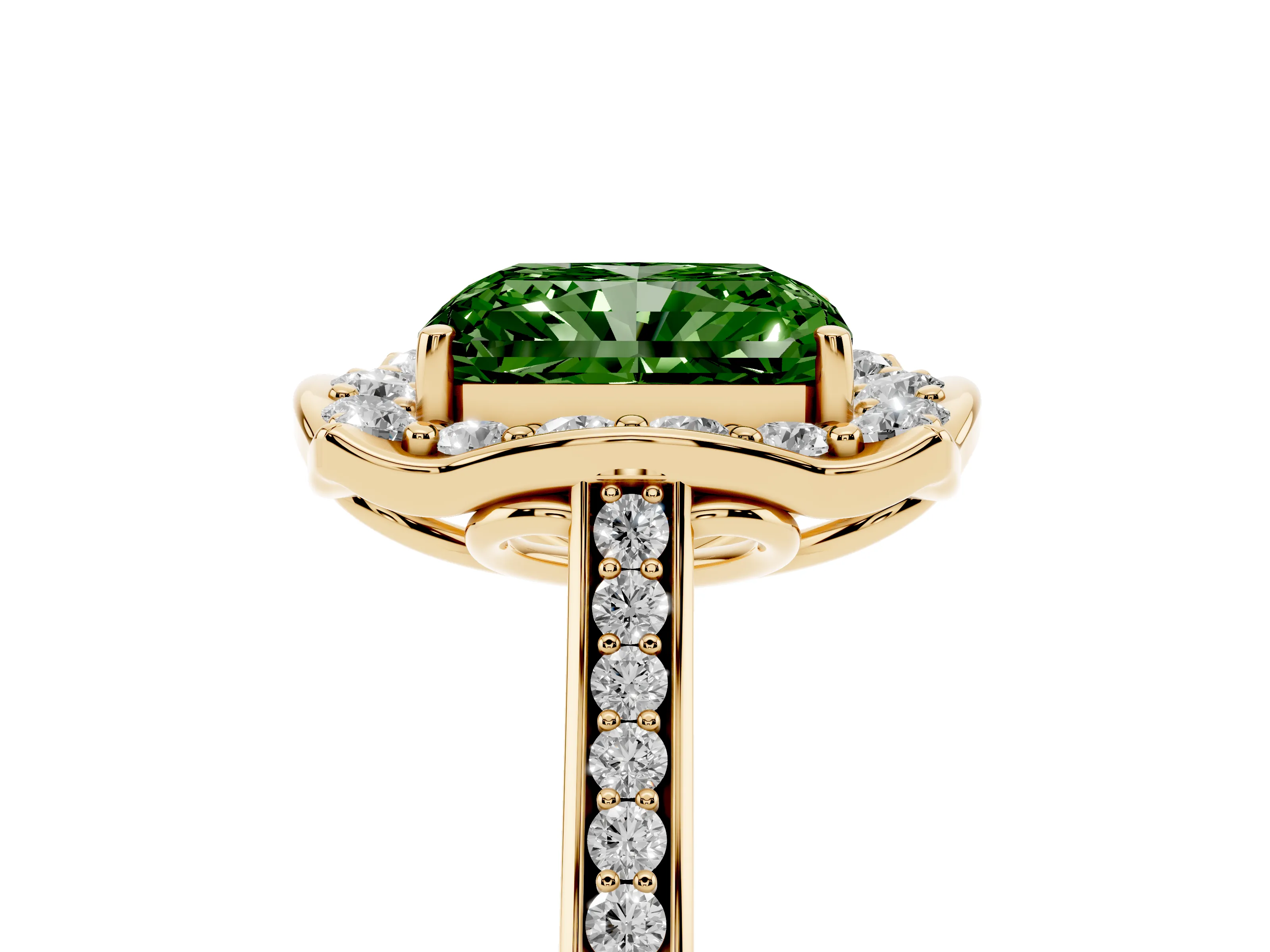 Fancy Green Radiant Cut Diamond Halo Ring Set in Yellow gold with Pavé-Lined Shoulders and Prong Setting