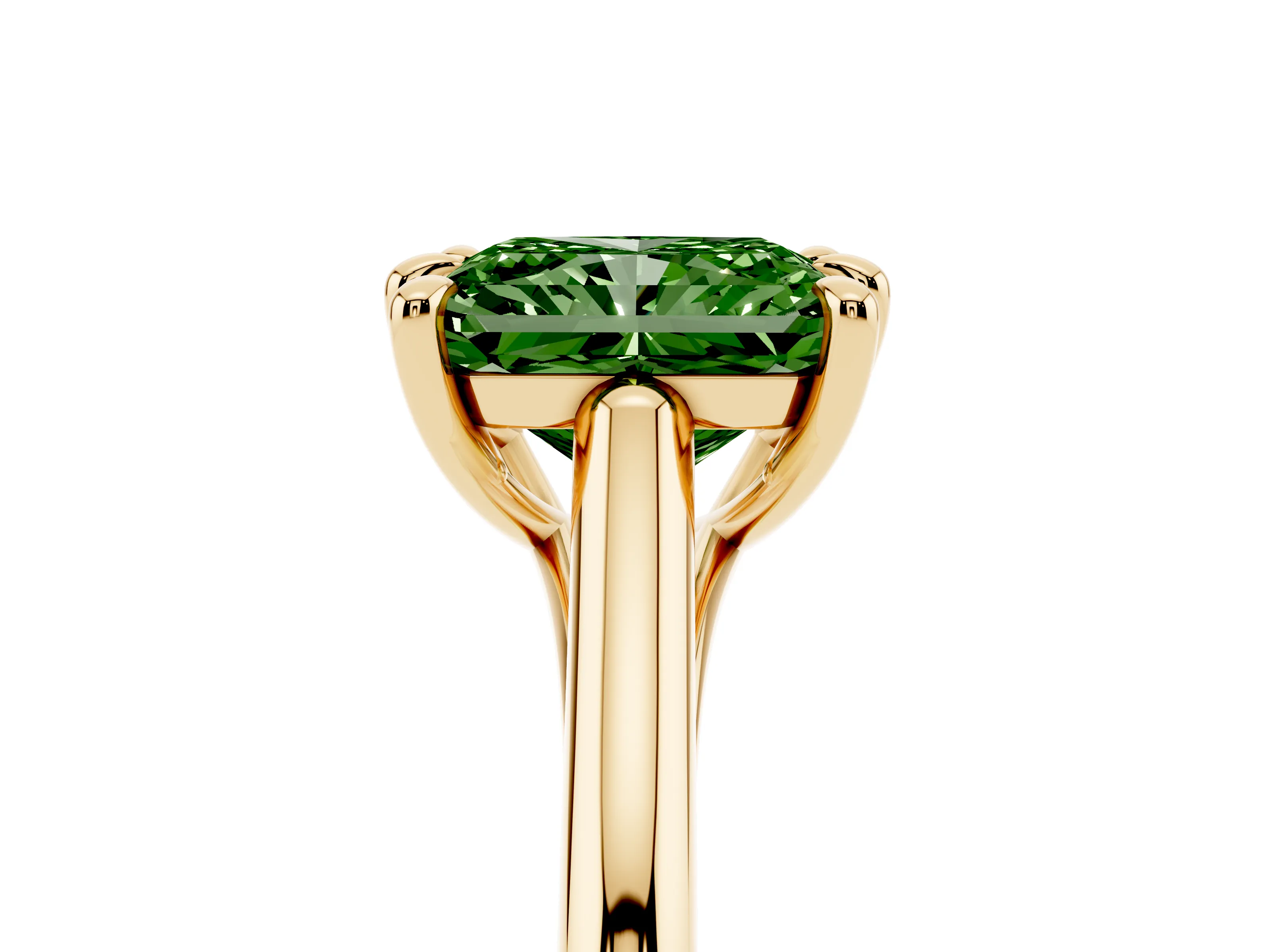 Fancy Green Radiant Cut Diamond Solitaire Engagement Ring Set in Yellow gold with Prong Setting and Plain Classic Band