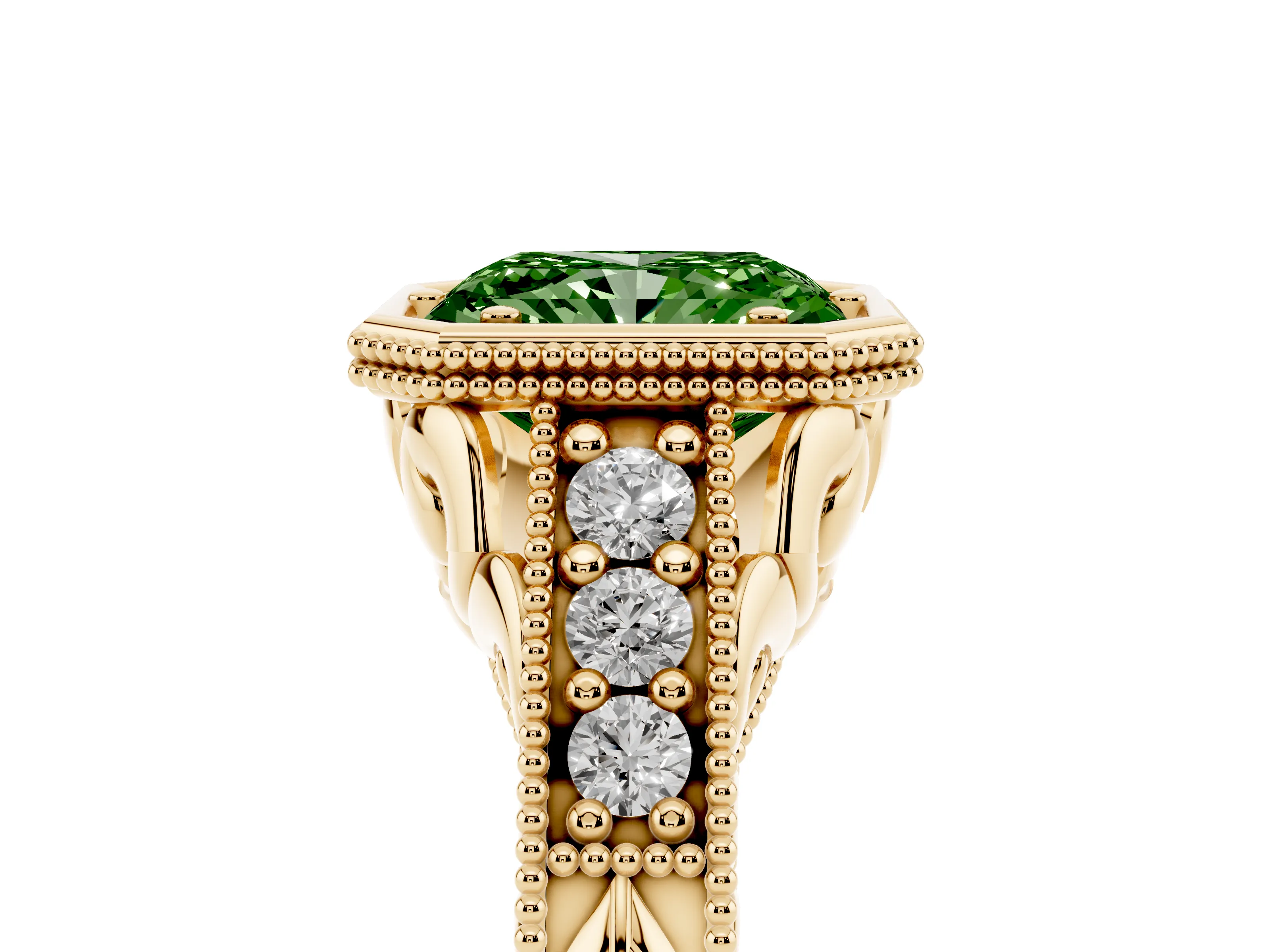 Fancy Green Bezel Set Radiant Cut Diamond Milgrain Pavé Engagement Ring Set in Yellow gold
