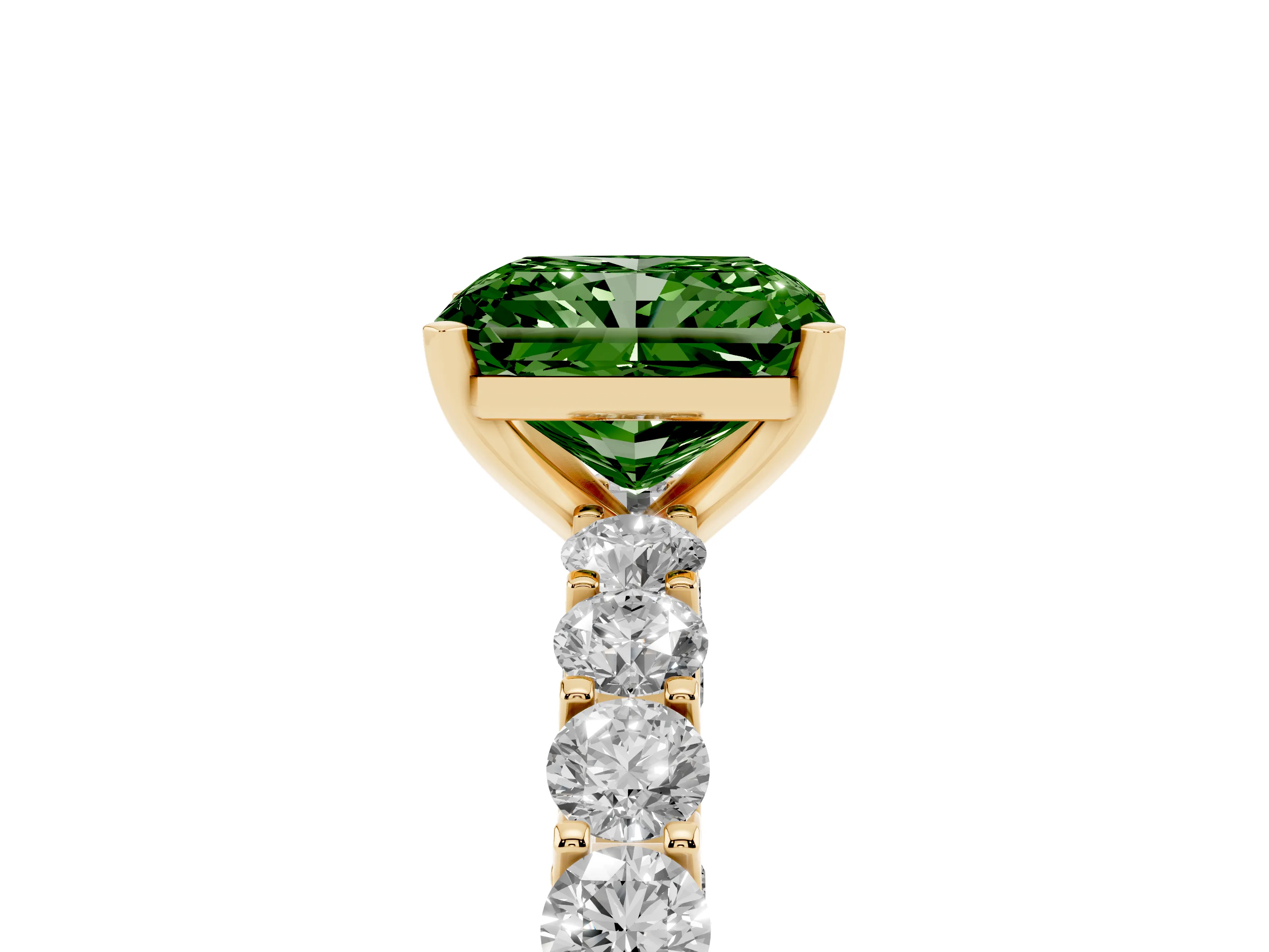 Fancy Green Radiant Cut Diamond Solitaire Ring Set in Yellow gold with Shared Prong Pavé Band