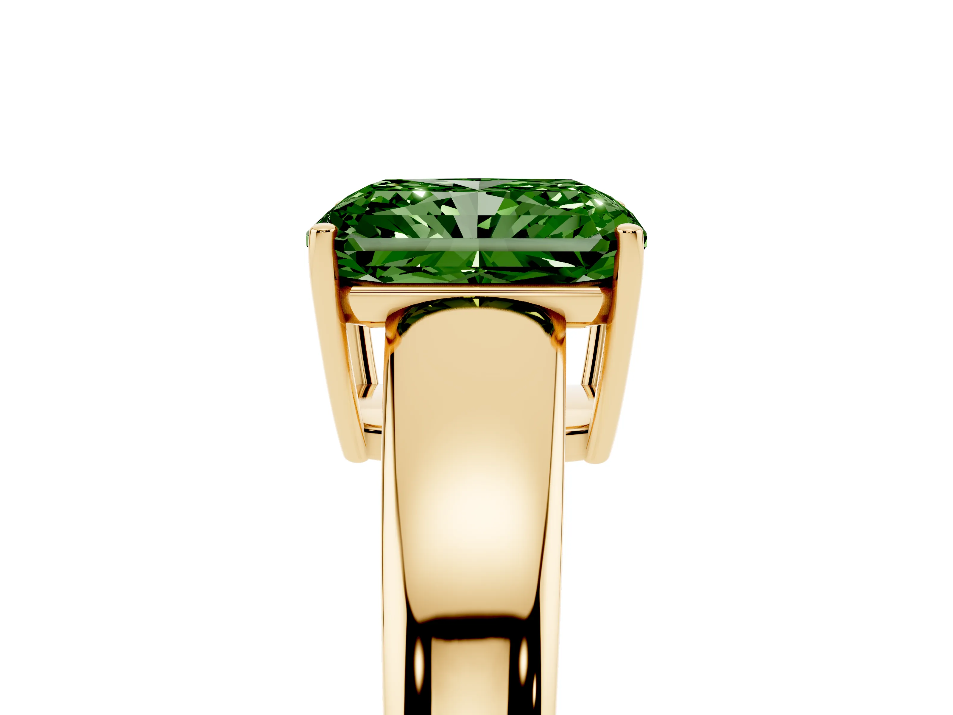 Fancy Green Radiant Cut Diamond Solitaire Ring Set in Yellow gold with Tapered Band and Prong Setting