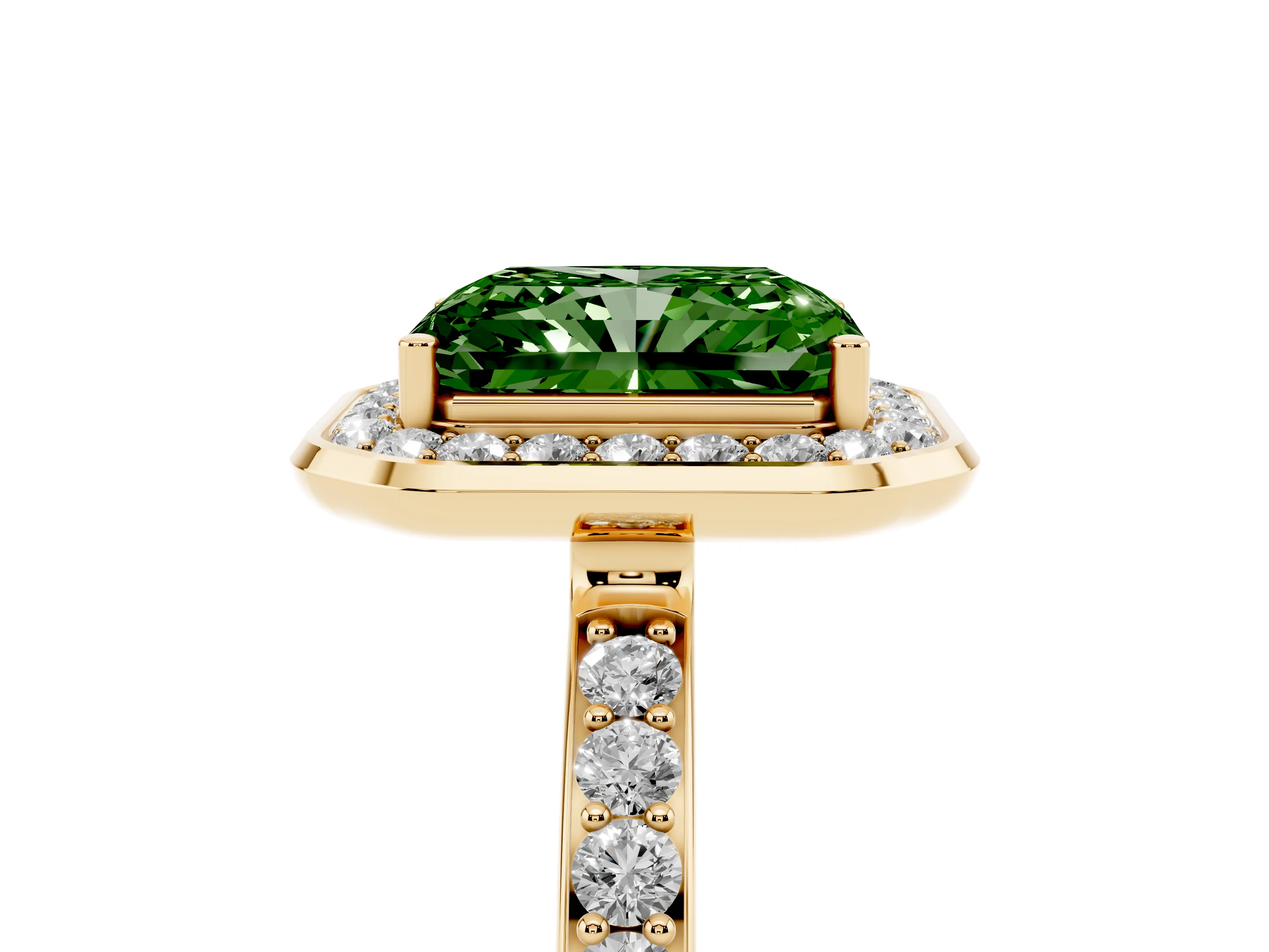Fancy Green Radiant Cut Diamond Halo Ring Set in Yellow gold with Bezel Frame and Pavé Band