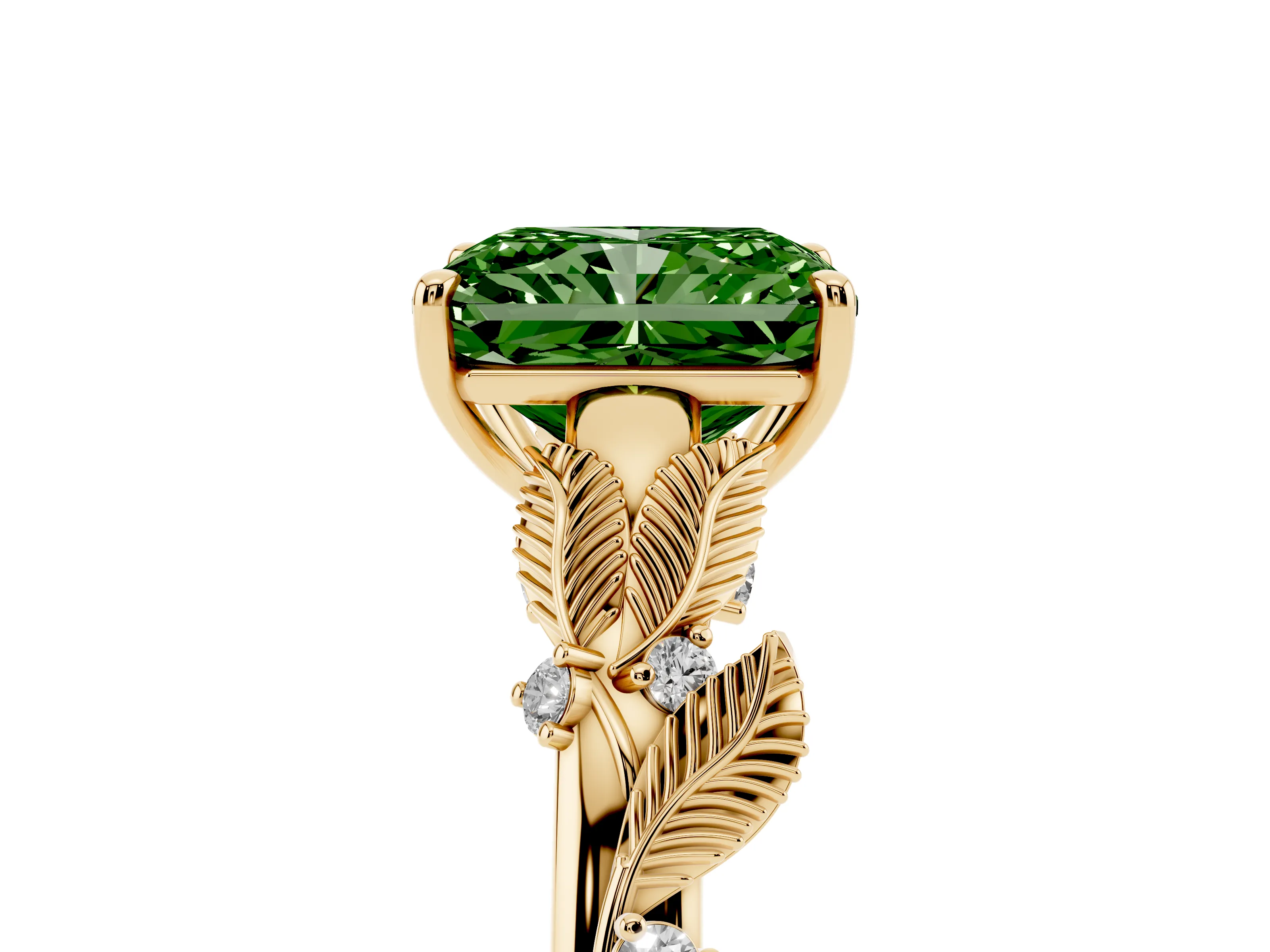 Fancy Green Radiant Cut Diamond Solitaire Ring Set in Yellow gold with Leaf Motif Band