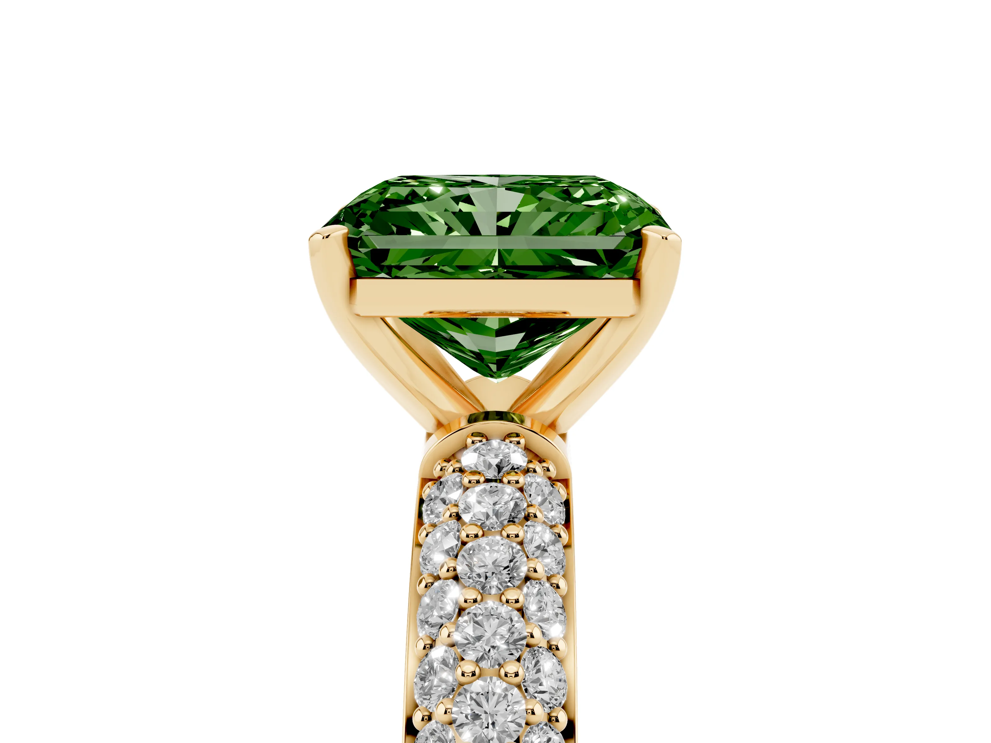 Fancy Green Radiant Cut Diamond Solitaire Ring Set in Yellow gold with Prong Setting and Pavé-Set Band