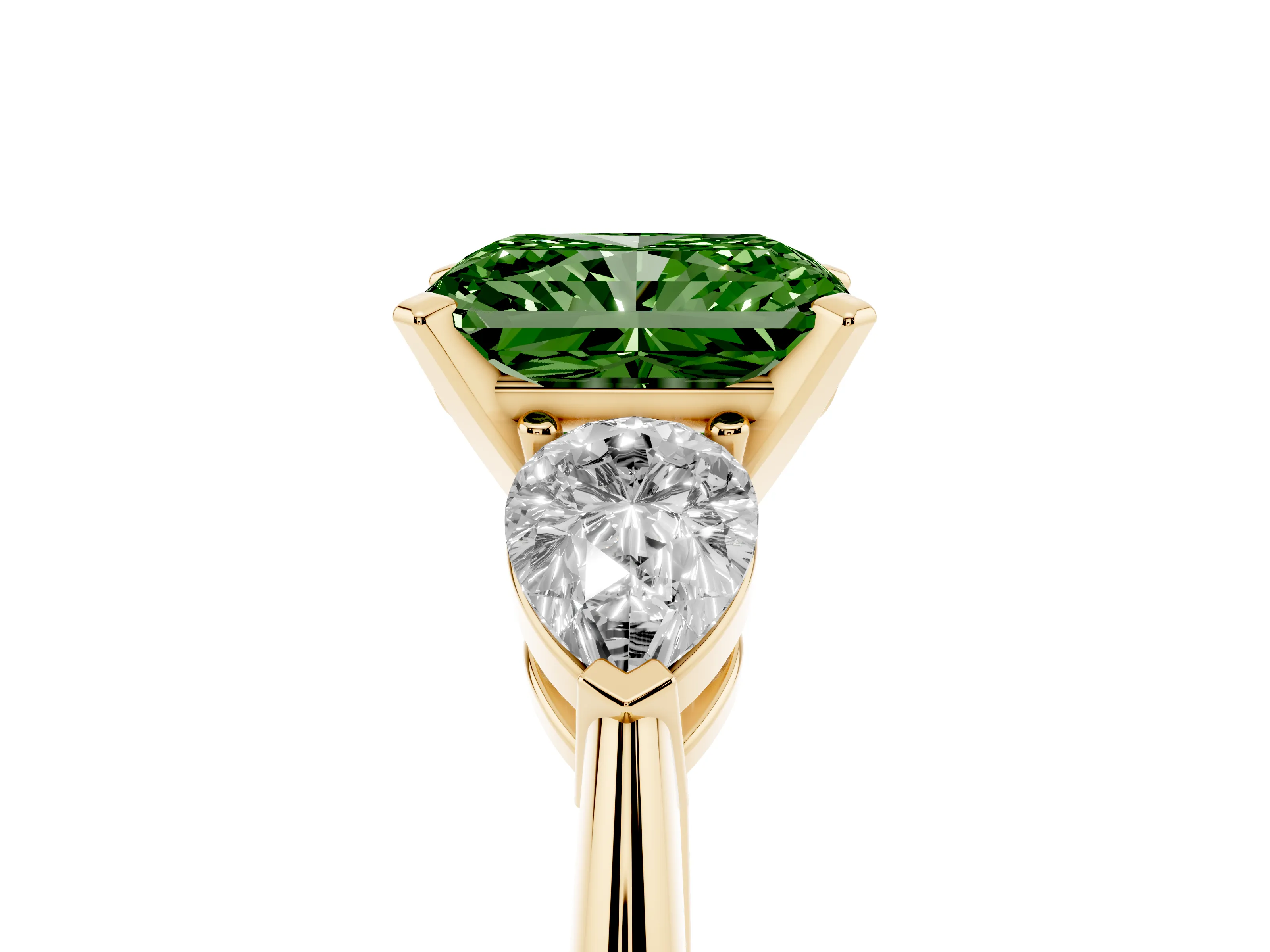 Fancy Green Three-Stone Radiant Cut Diamond Ring Set in Yellow gold with Pear Side Stones and Prong Setting