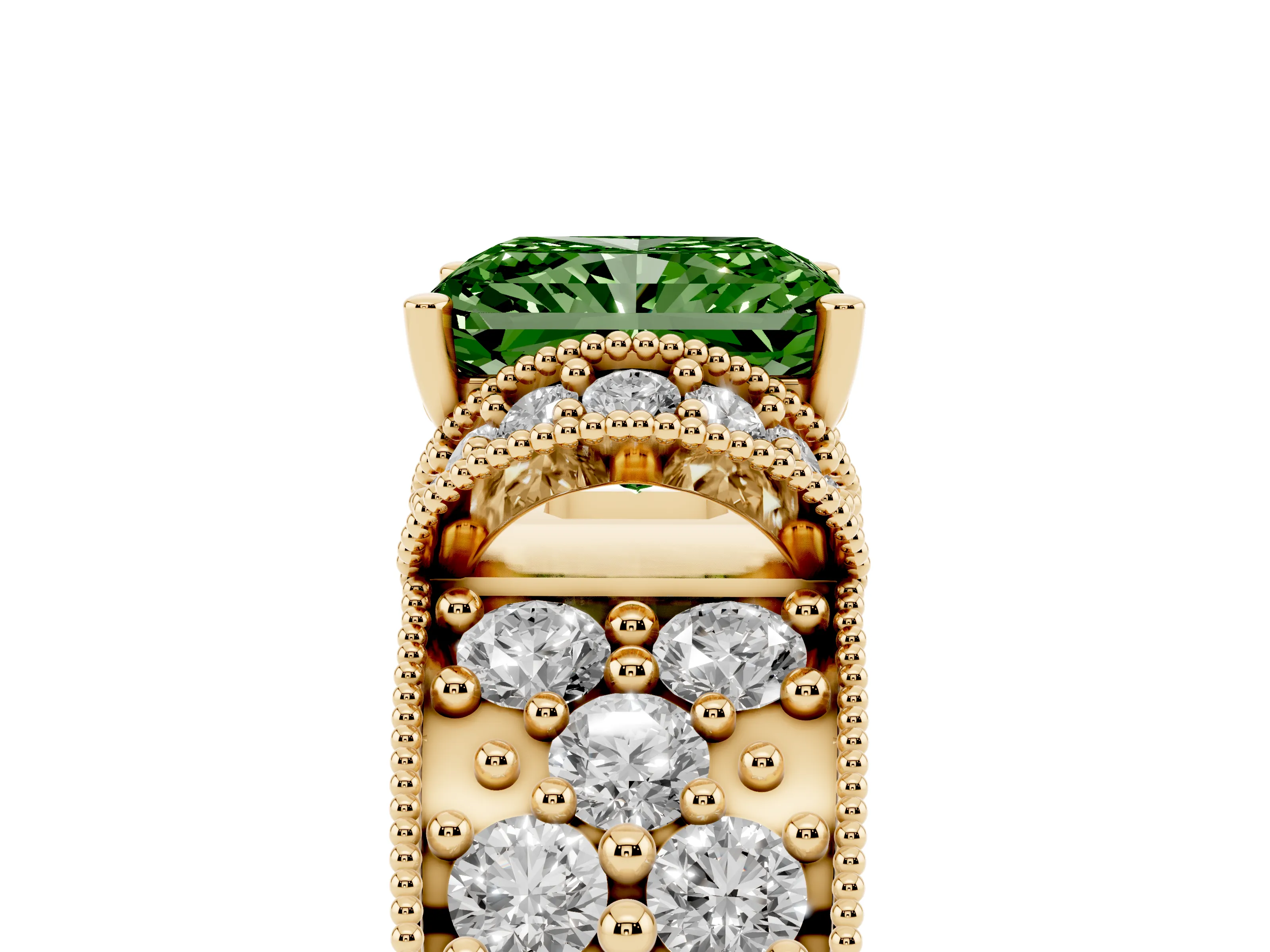 Fancy Green Radiant Cut Diamond Milgrain Halo Pavé Engagement Ring Set in Yellow gold with Prong Setting