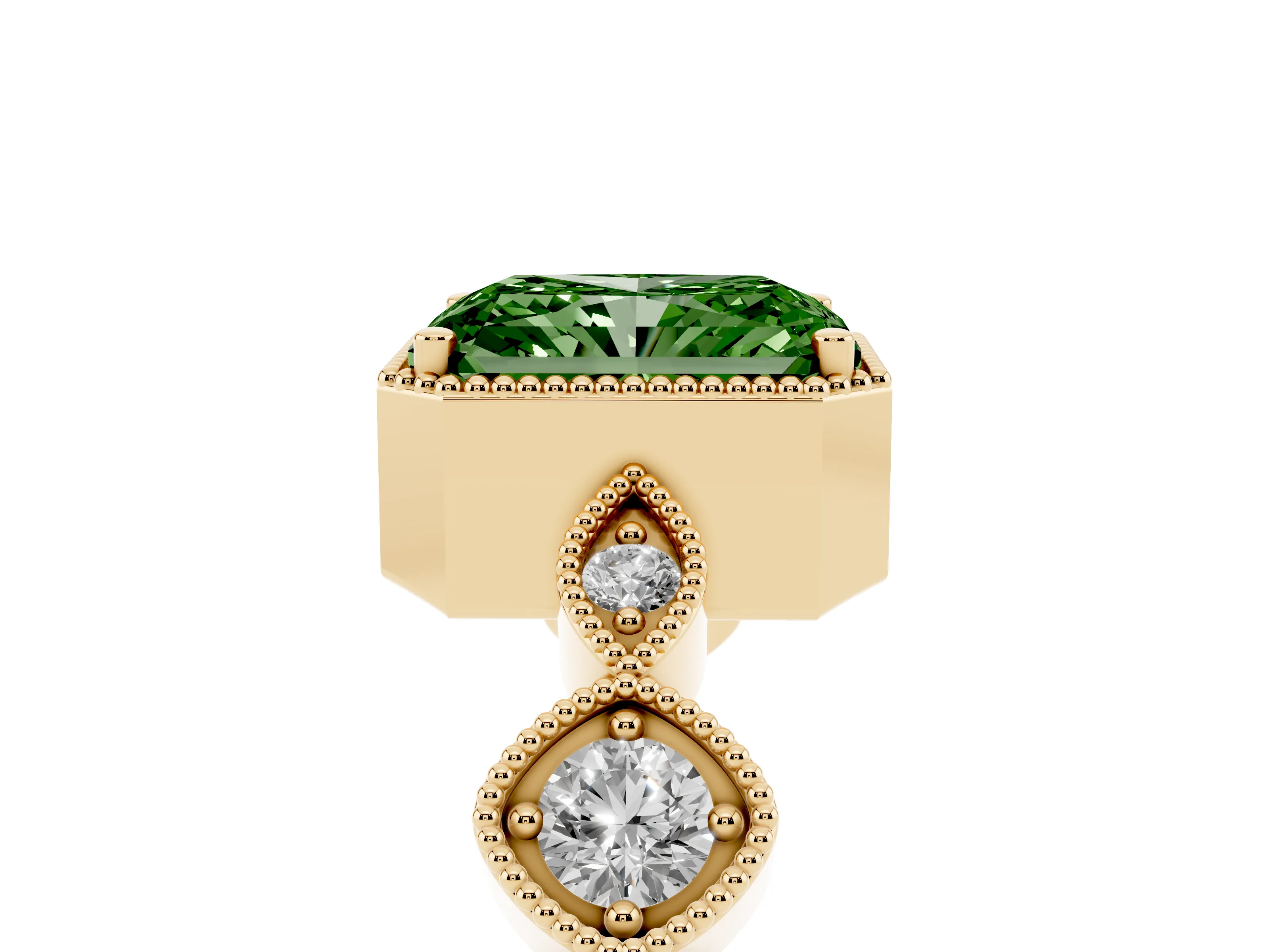 Fancy Green Radiant Cut Diamond Vintage-Inspired Milgrain Ring Set in Yellow gold with Marquise Stations of Round Accents