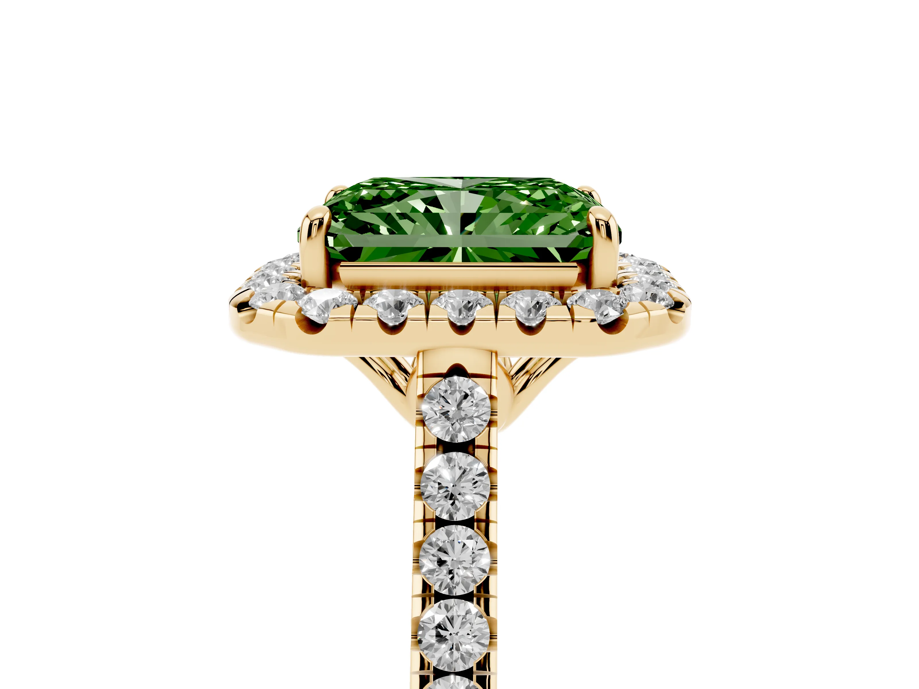 Fancy Green Radiant Cut Diamond Pavé Halo Engagement Ring Set in Yellow gold with Pavé Band and Prong Setting