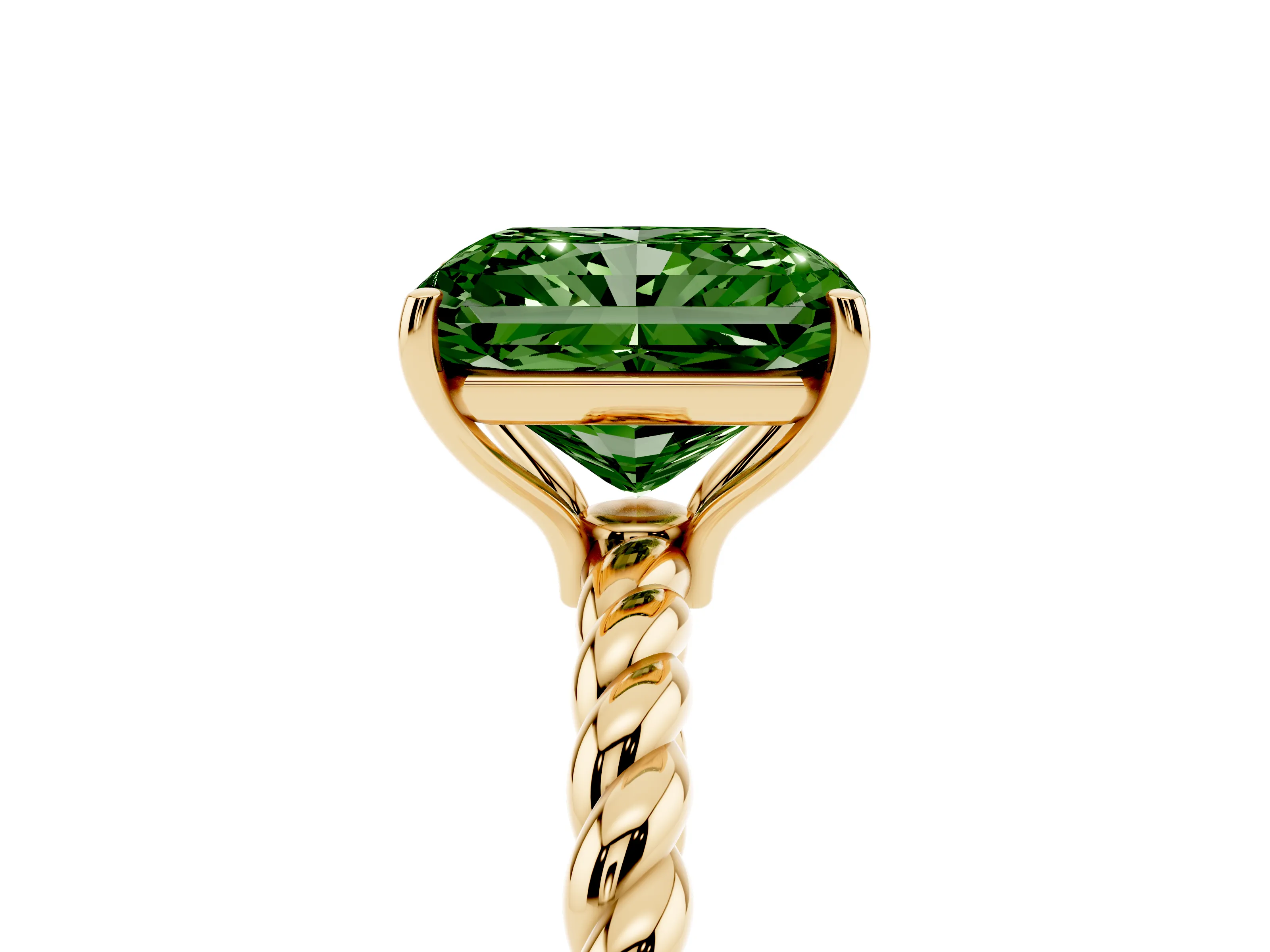Fancy Green Radiant Cut Diamond Solitaire Ring Set in Yellow gold with Twist Band and Prong Setting