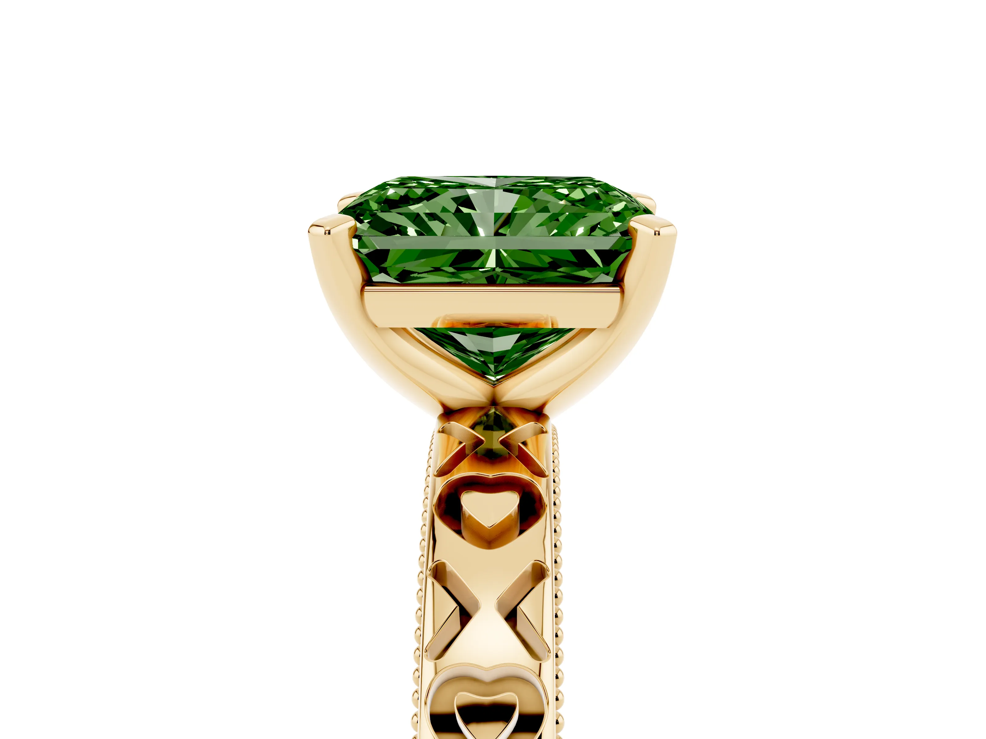 Fancy Green Radiant Cut Diamond Solitaire Engagement Ring Set in Yellow gold with XO Engraved Band and Prong Setting