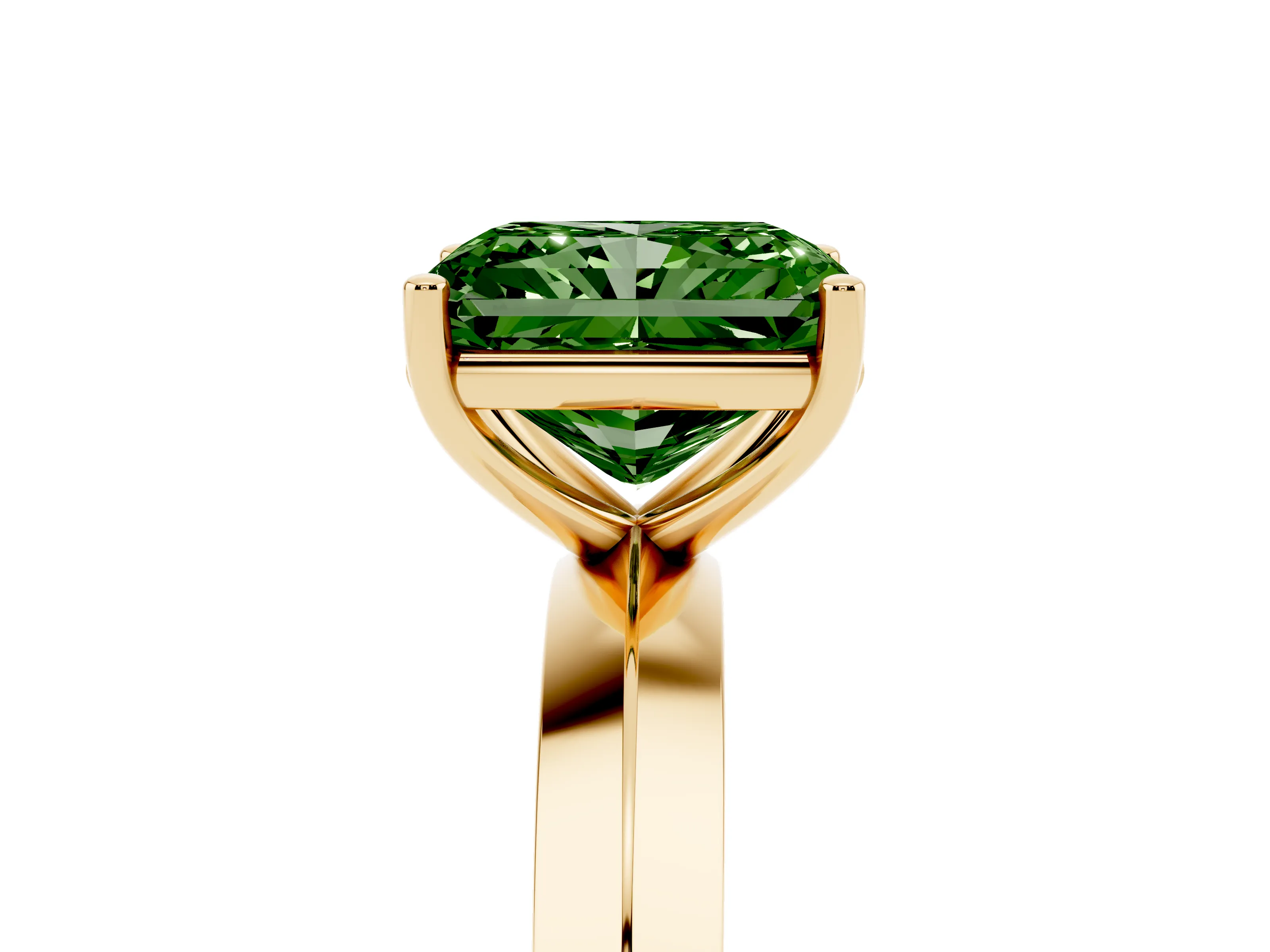 Fancy Green Radiant Cut Diamond Solitaire Engagement Ring Set in Yellow gold with Flat Band and Prong Setting