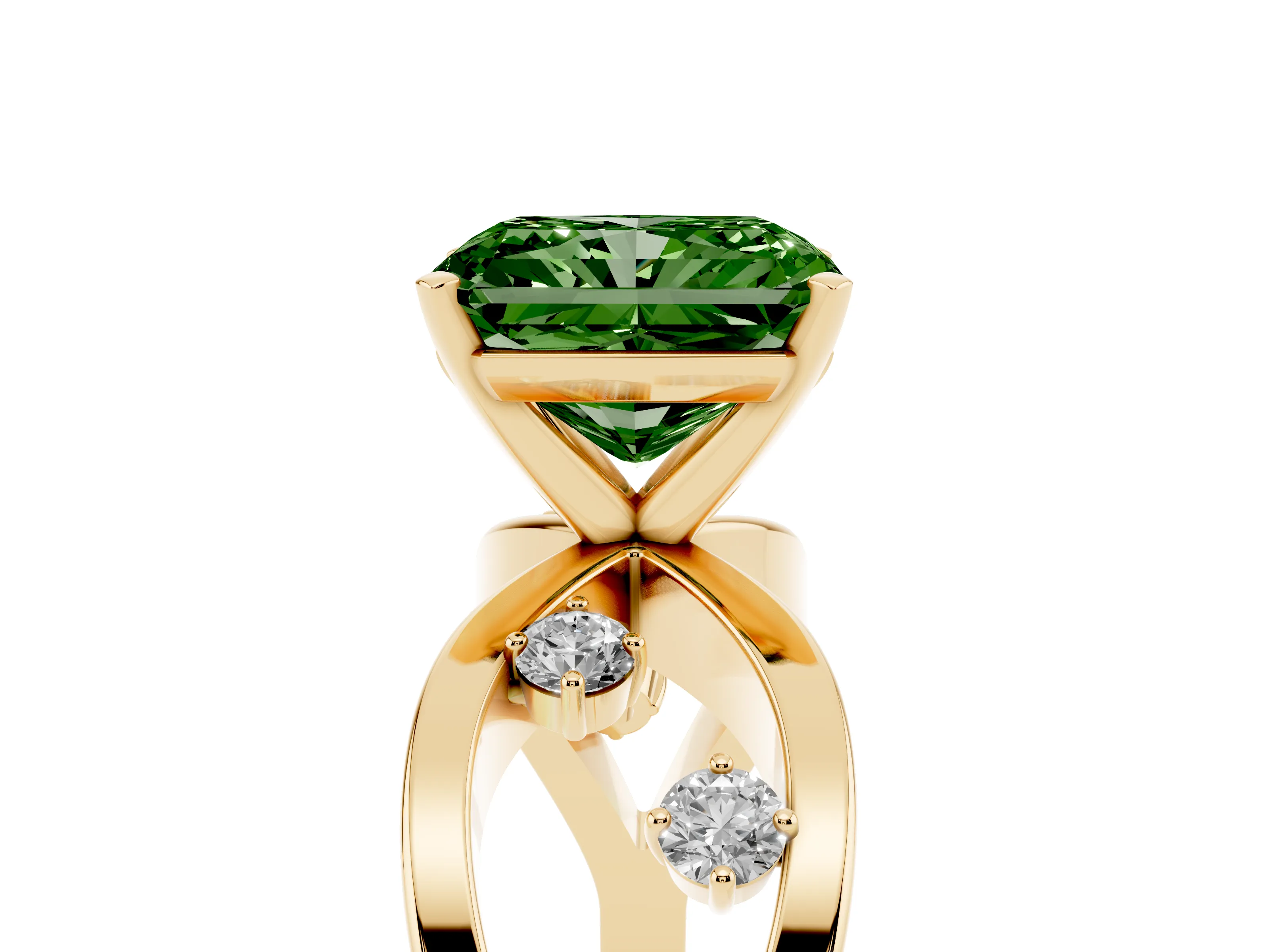 Fancy Green Radiant Cut Diamond Solitaire Ring Set in Yellow gold with Side Stones on Criss-Cross Band and Prong Setting