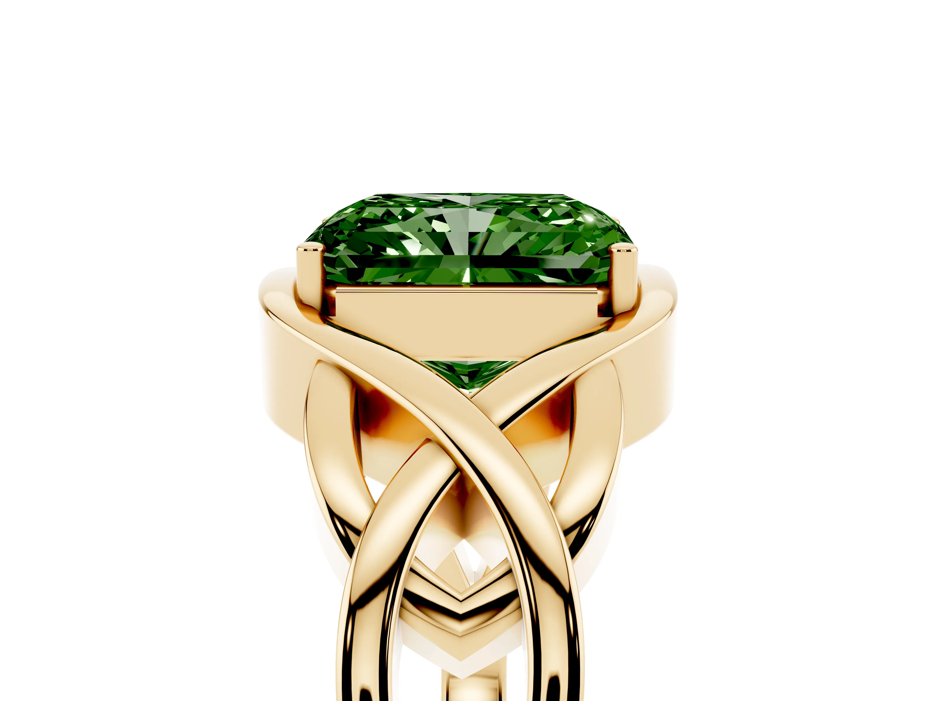 Fancy Green Radiant Cut Diamond Solitaire Ring Set in Yellow gold with Intertwined Band