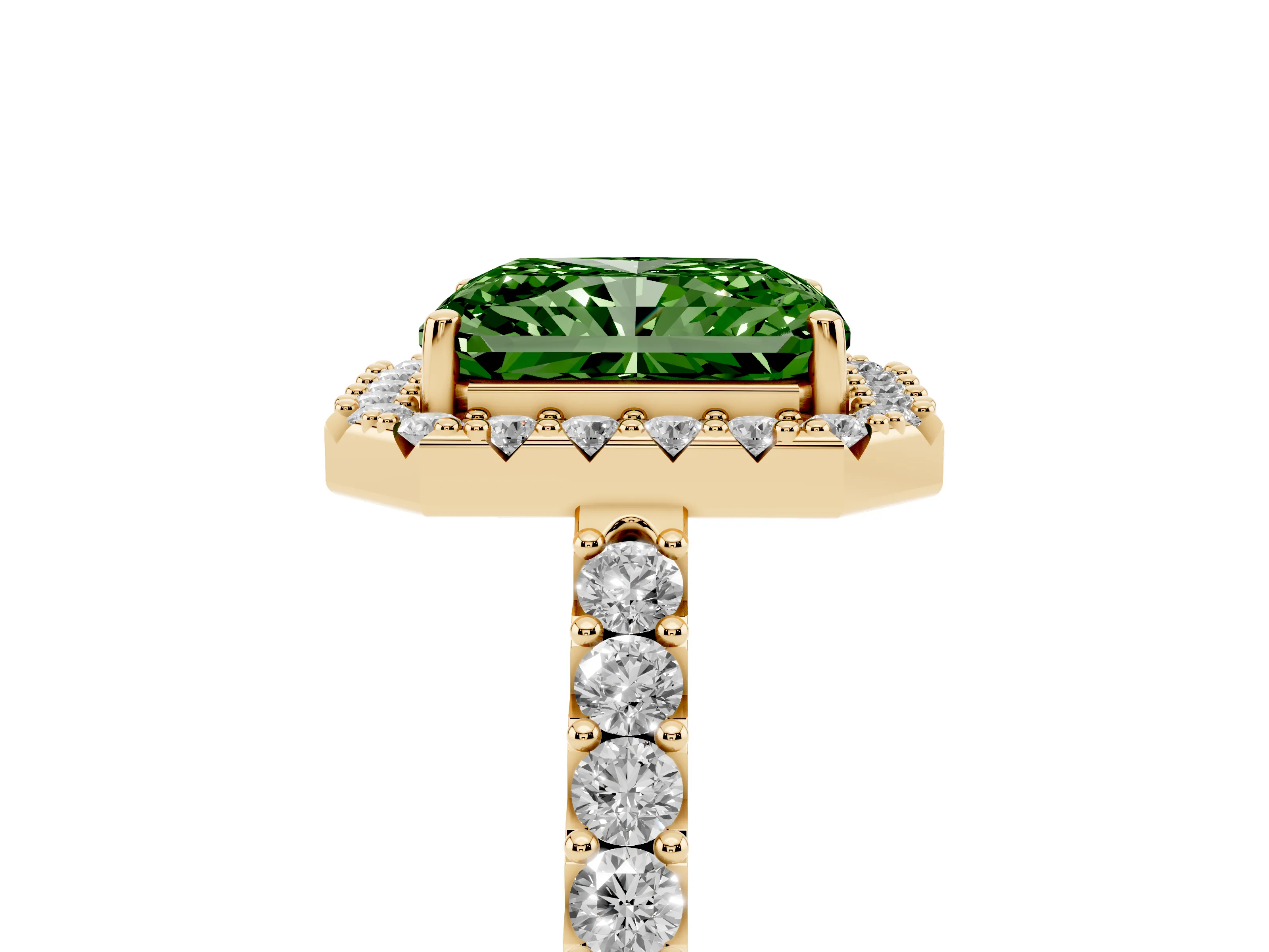 Fancy Green Radiant Cut Diamond Halo Pavé Solitaire Ring Set in Yellow gold with Prong-Set Center Stone