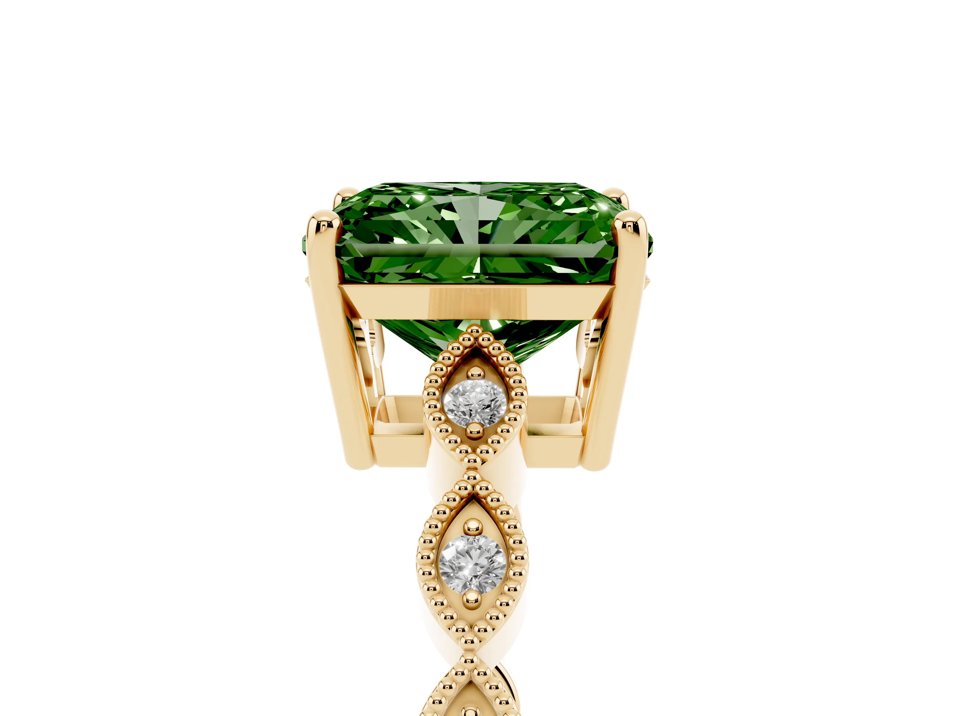 Fancy Green Radiant Cut Diamond Solitaire Ring Set in Yellow gold with Infinity Twist Pavé Band