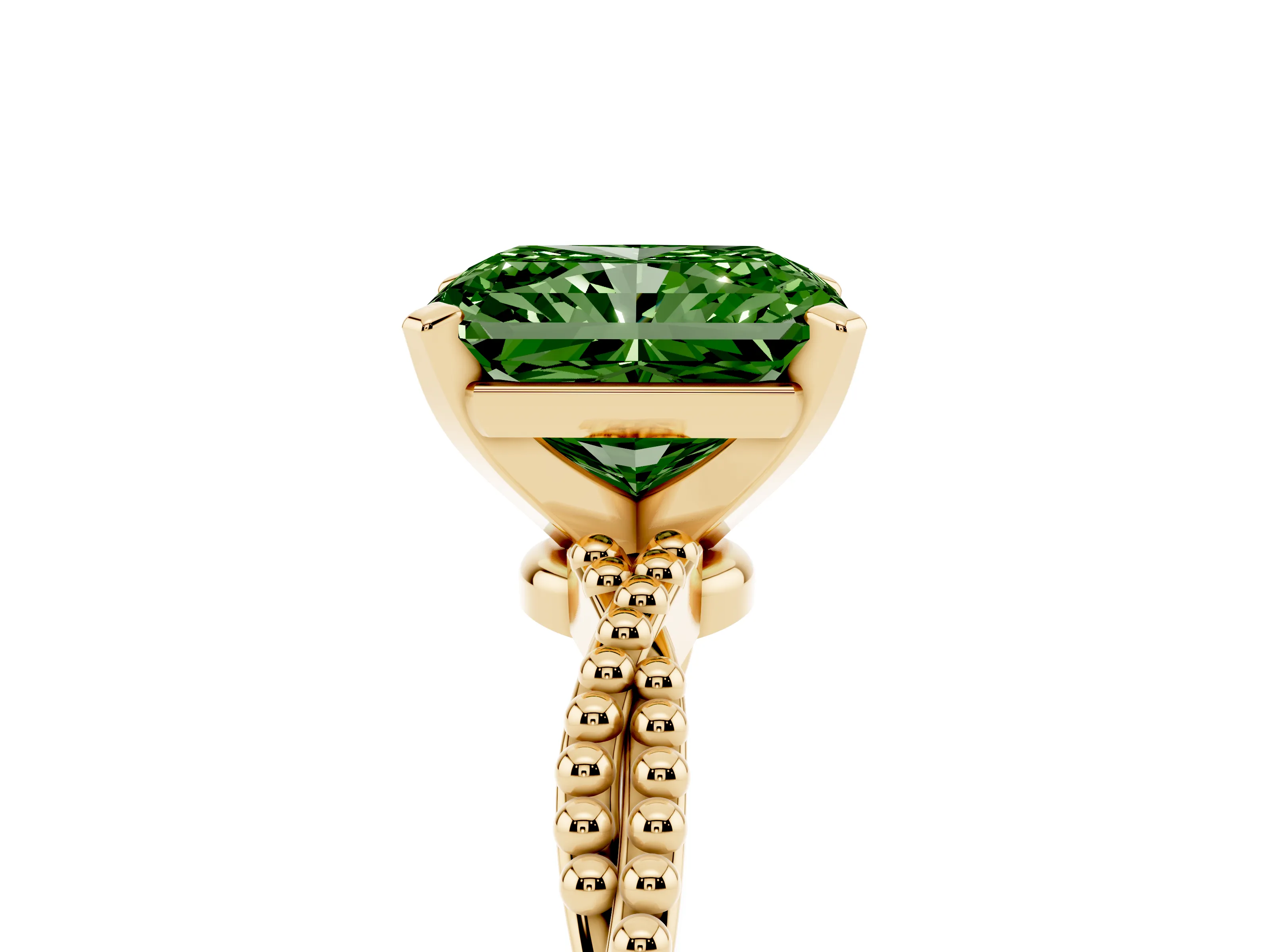Fancy Green Radiant Cut Diamond Solitaire Ring Set in Yellow gold with Twisted Band and Bead Prong Setting