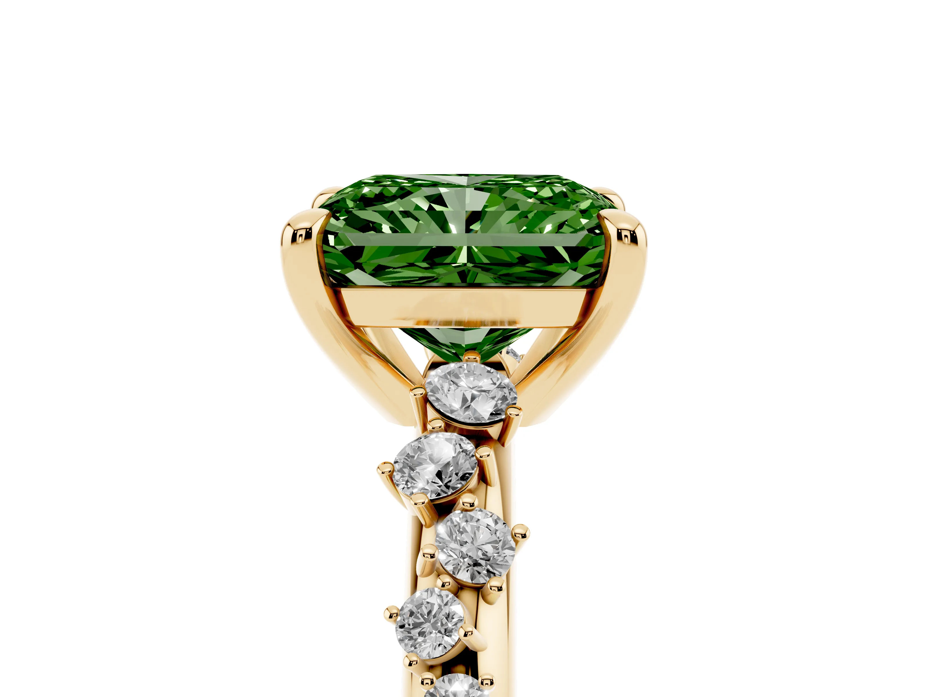 Fancy Green Radiant Cut Diamond Solitaire Vine Band Ring Set in Yellow gold with Round Accents and Prong Setting